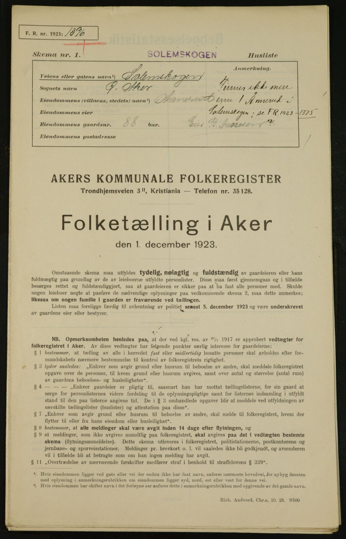 , Municipal Census 1923 for Aker, 1923, p. 31106