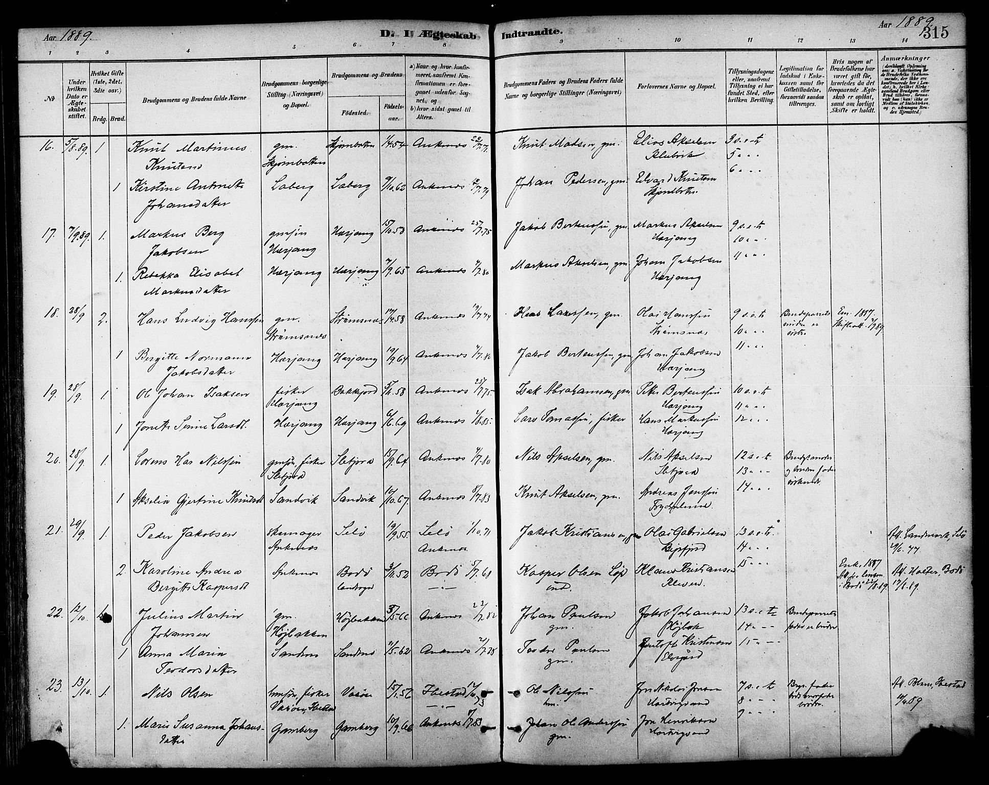 Ministerialprotokoller, klokkerbøker og fødselsregistre - Nordland, AV/SAT-A-1459/866/L0938: Parish register (official) no. 866A01, 1879-1893, p. 315