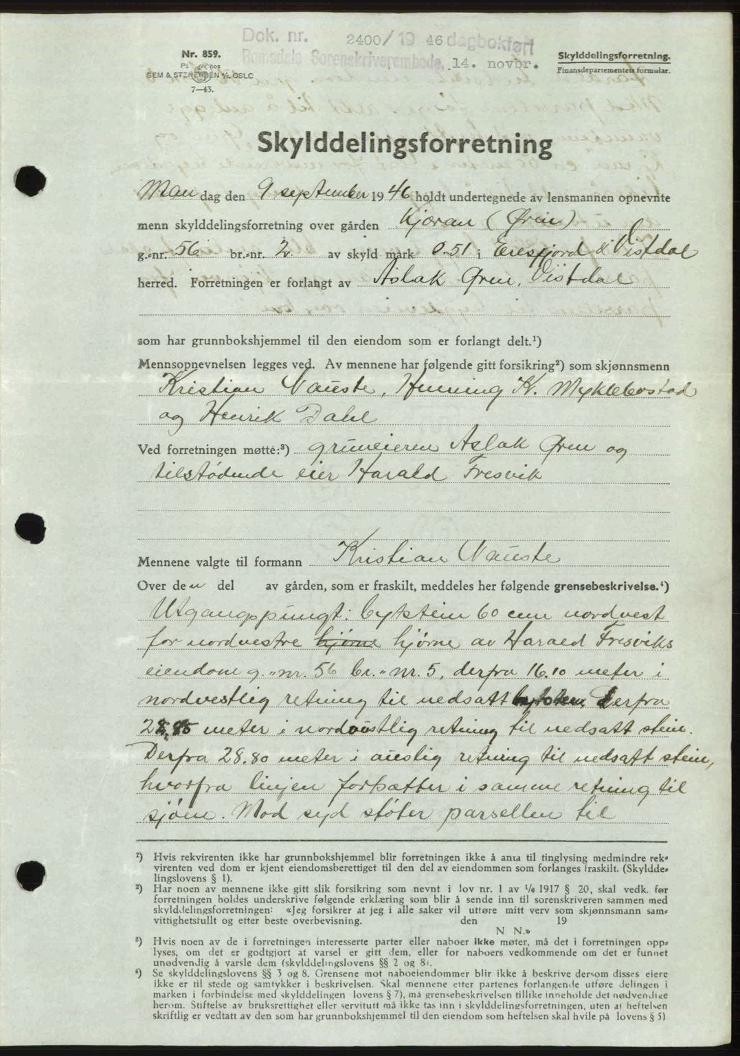 Romsdal sorenskriveri, AV/SAT-A-4149/1/2/2C: Mortgage book no. A21, 1946-1946, Diary no: : 2400/1946