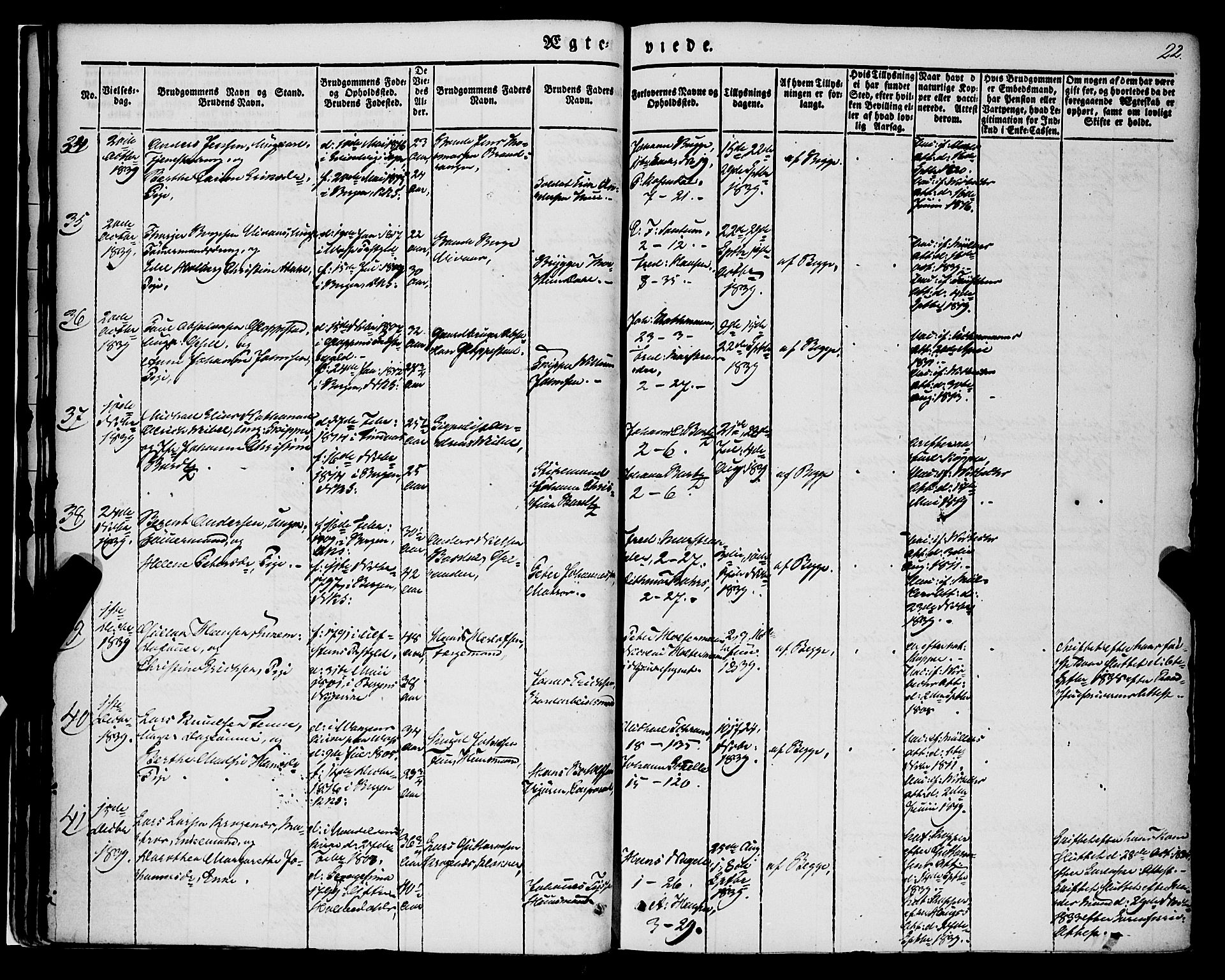 Nykirken Sokneprestembete, AV/SAB-A-77101/H/Haa/L0031: Parish register (official) no. D 1, 1834-1861, p. 22