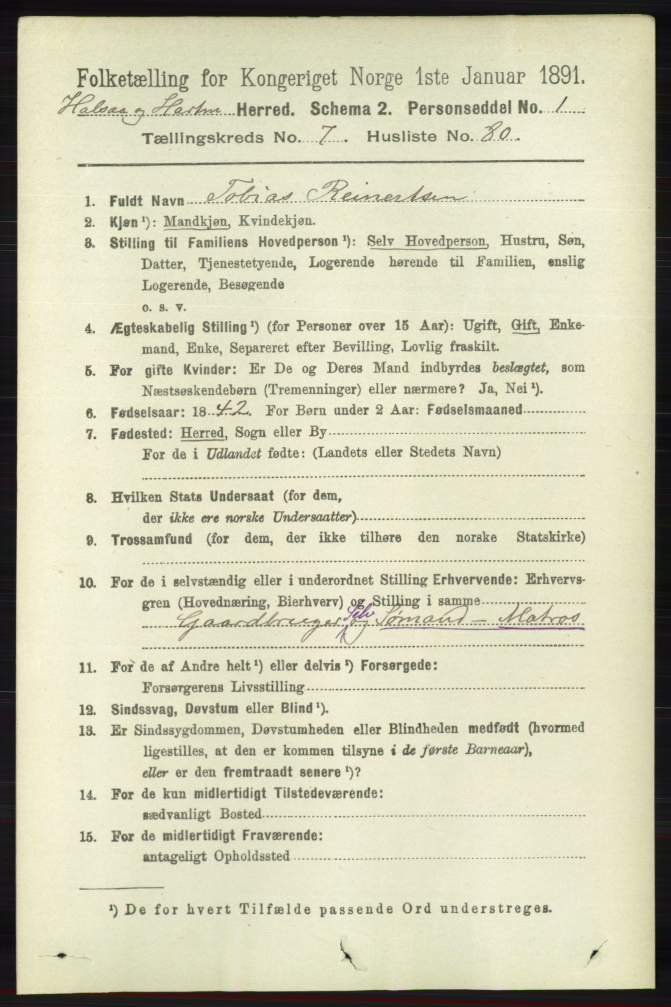RA, 1891 census for 1019 Halse og Harkmark, 1891, p. 3160