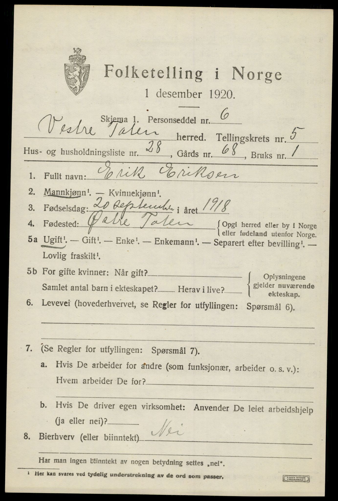 SAH, 1920 census for Vestre Toten, 1920, p. 7654