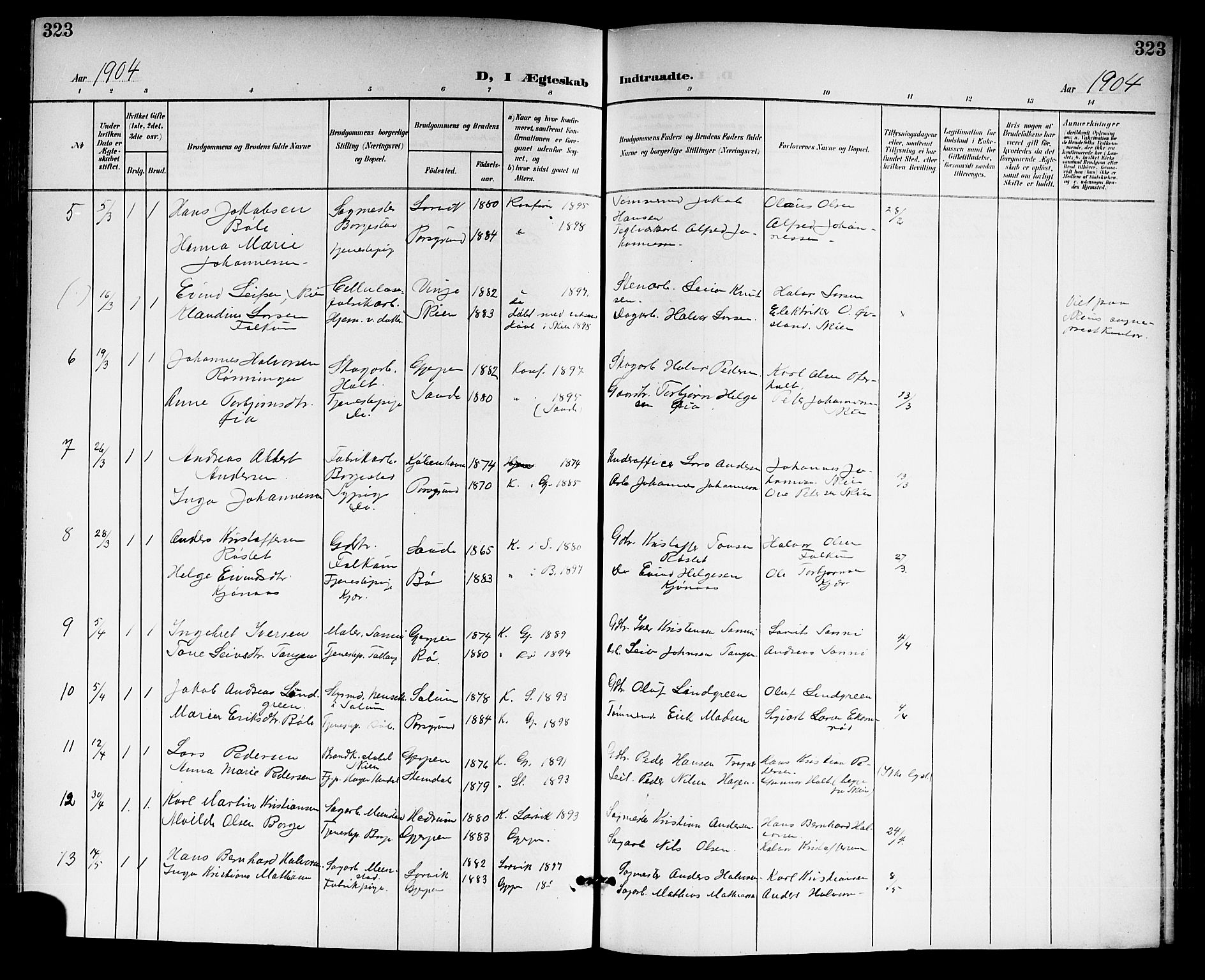 Gjerpen kirkebøker, SAKO/A-265/G/Ga/L0003: Parish register (copy) no. I 3, 1901-1919, p. 323