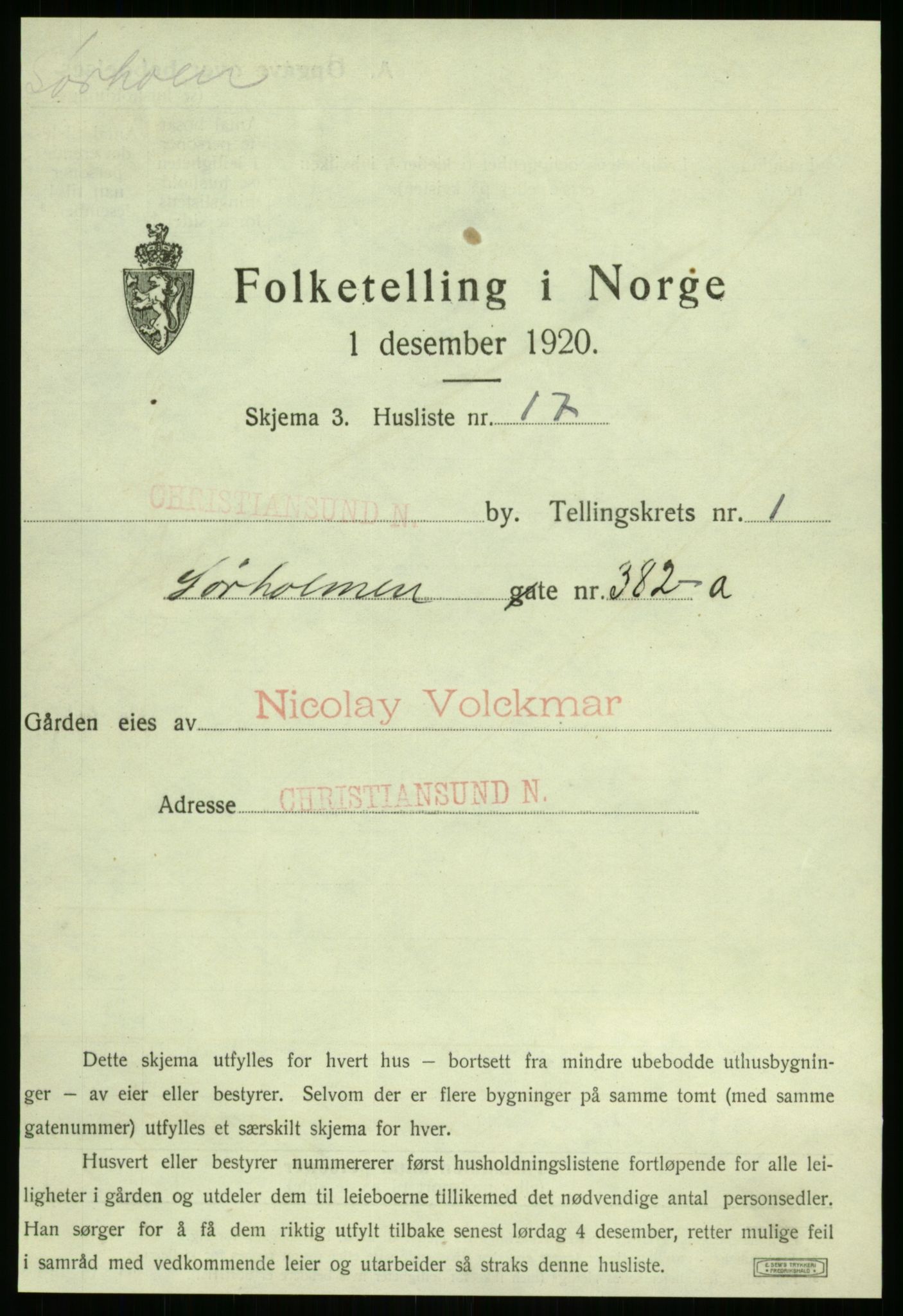 SAT, 1920 census for Kristiansund, 1920, p. 209