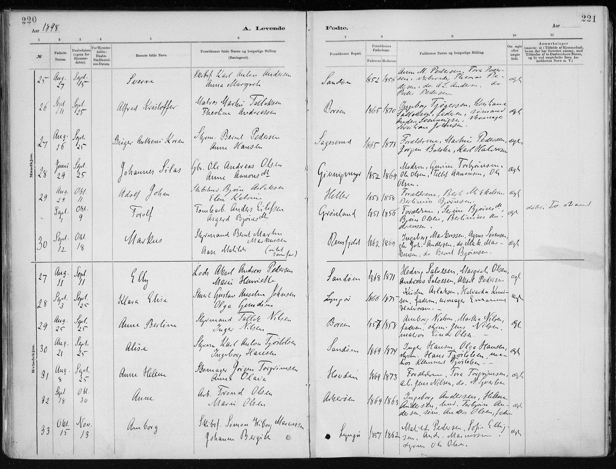 Dypvåg sokneprestkontor, SAK/1111-0007/F/Fa/Faa/L0008: Parish register (official) no. A 8, 1885-1906, p. 220-221