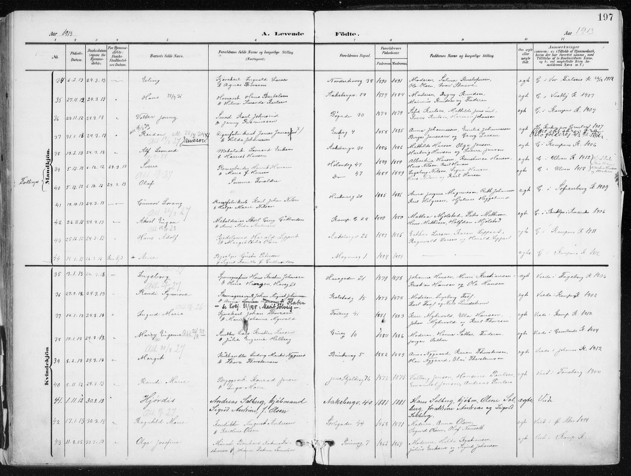 Kampen prestekontor Kirkebøker, AV/SAO-A-10853/F/Fa/L0010: Parish register (official) no. I 10, 1905-1917, p. 197
