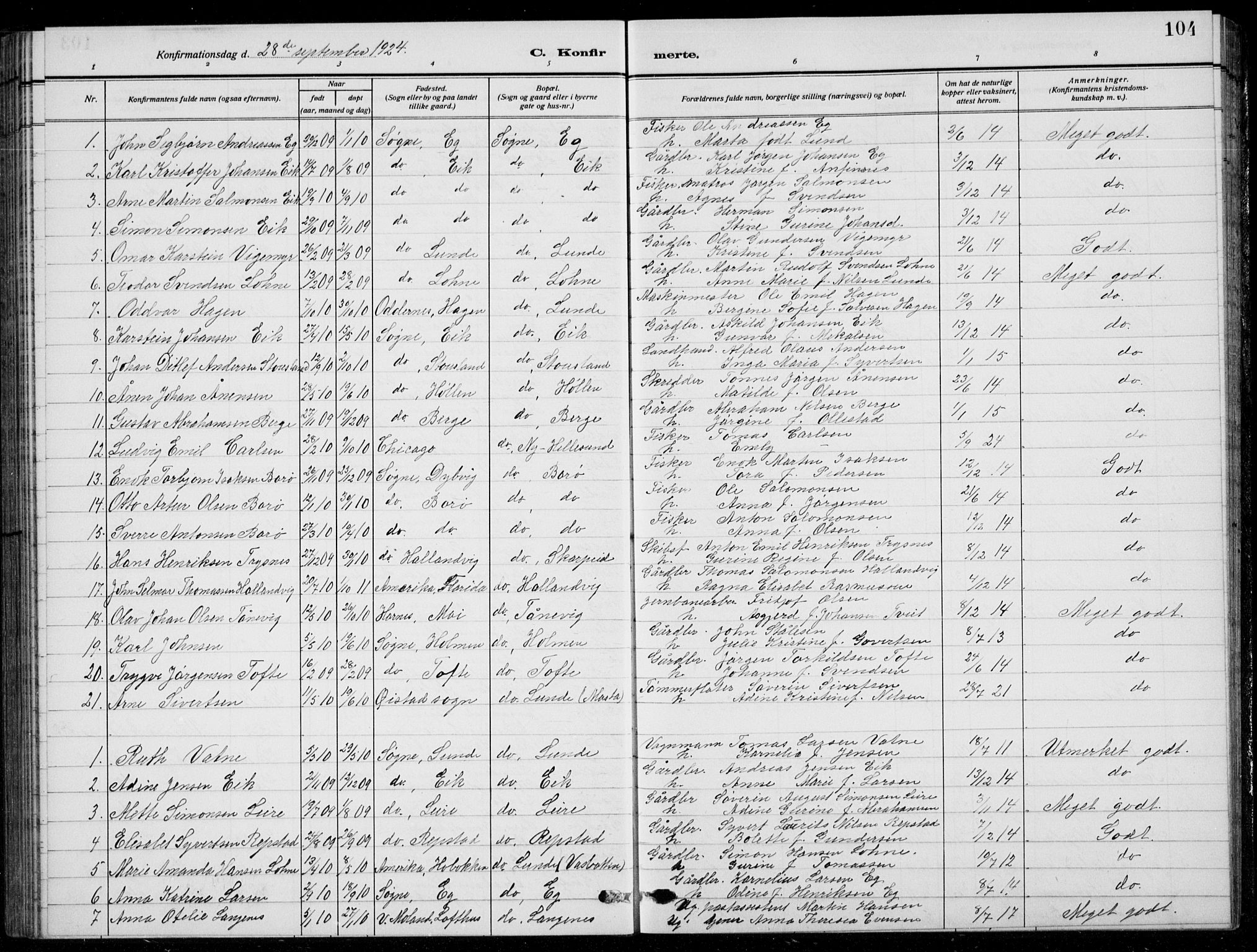 Søgne sokneprestkontor, SAK/1111-0037/F/Fb/Fbb/L0007: Parish register (copy) no. B 7, 1912-1931, p. 104