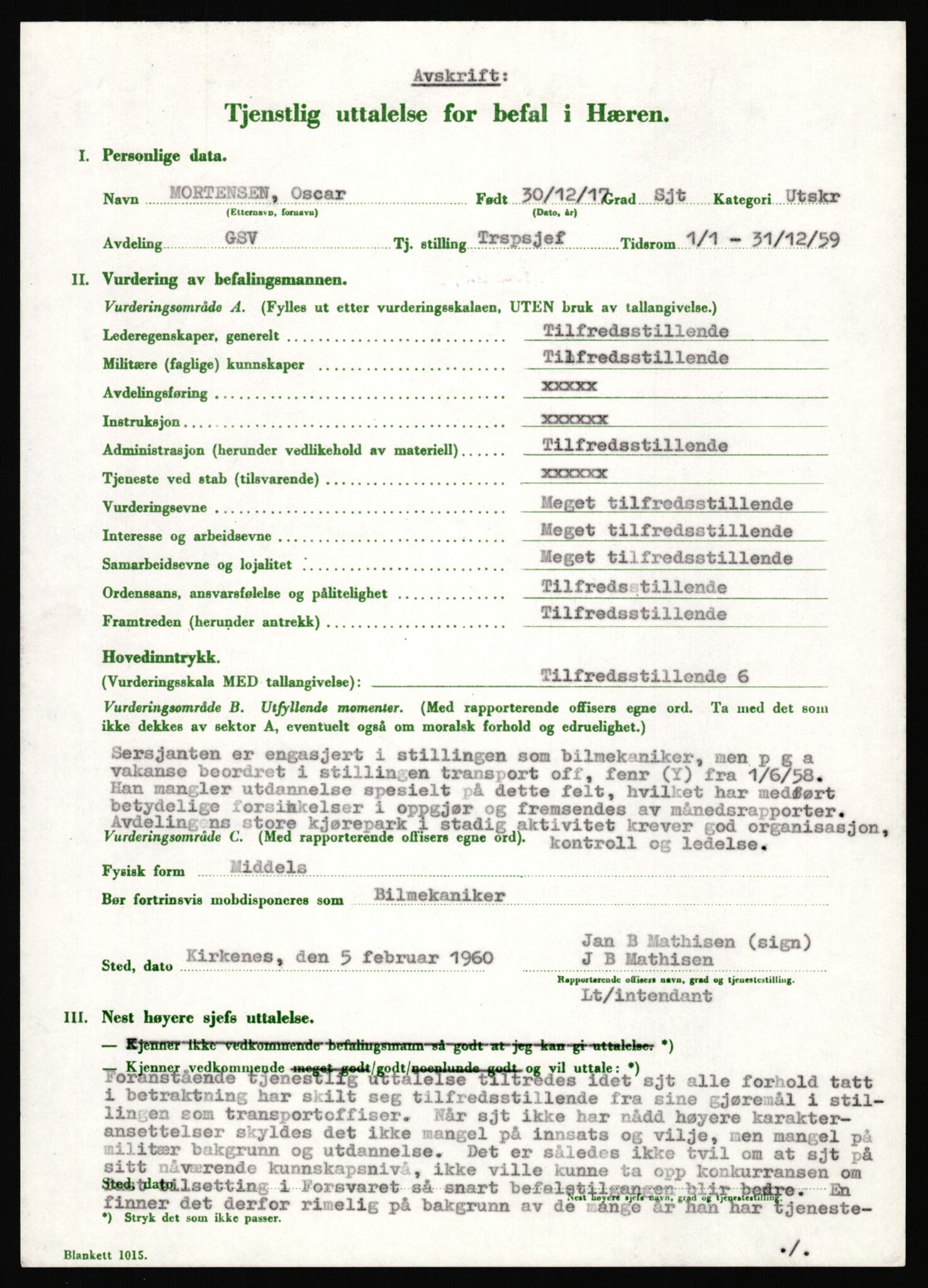 Forsvaret, Varanger bataljon, AV/RA-RAFA-2258/1/D/L0456: Rulleblad og tjenesteuttalelser for befal født 1916-1919 og 1921-1923, 1916-1923, p. 189