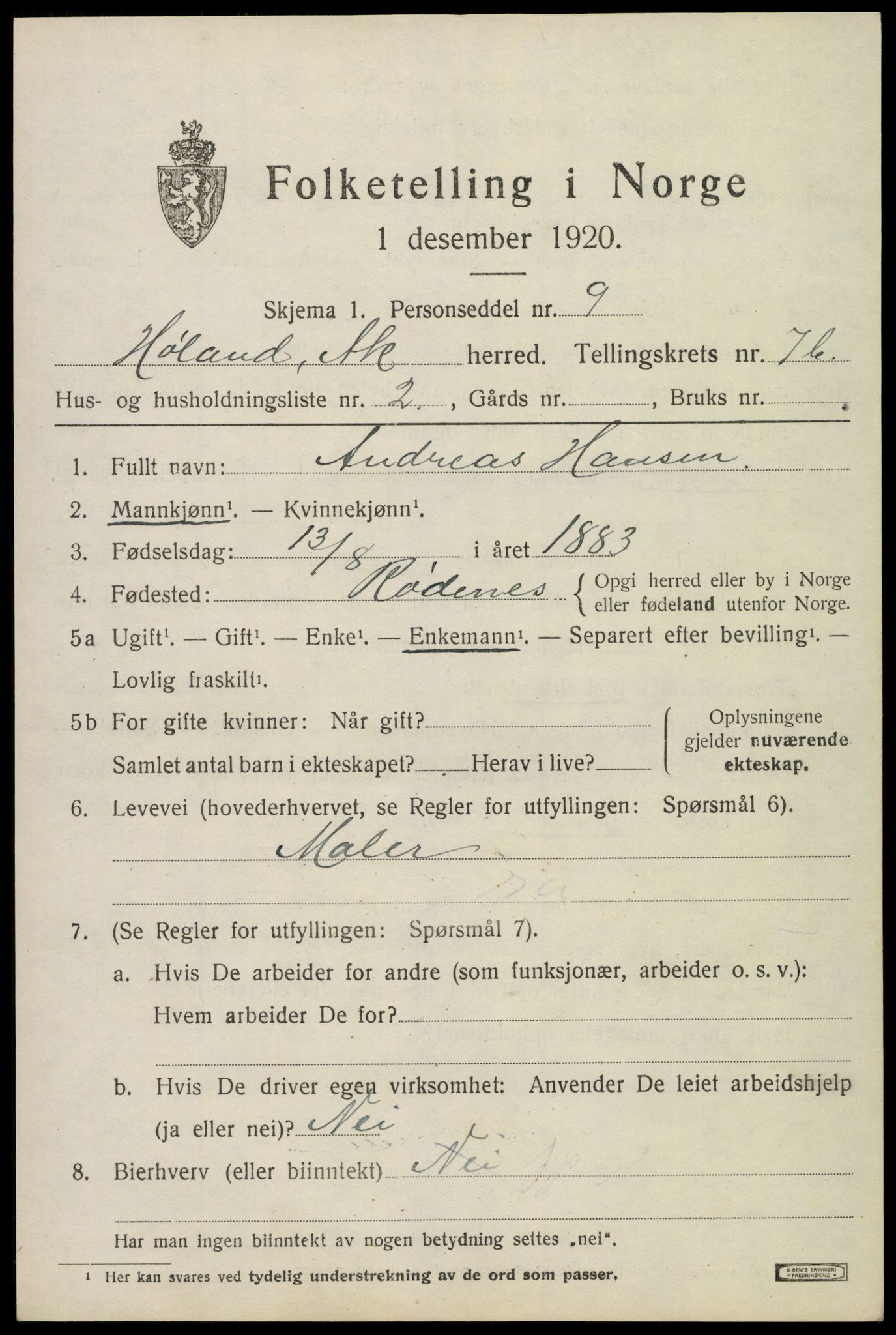 SAO, 1920 census for Høland, 1920, p. 9675