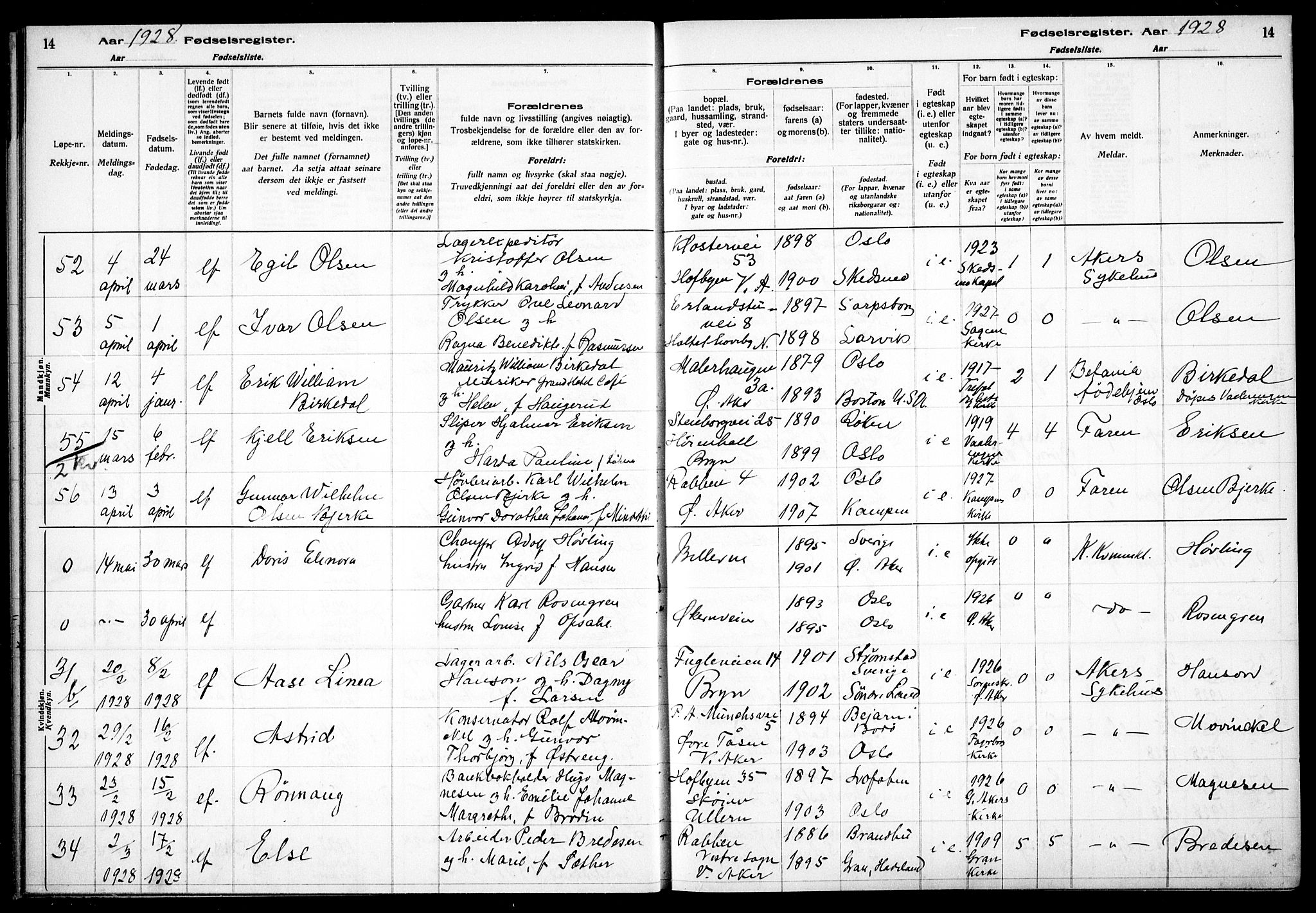 Østre Aker prestekontor Kirkebøker, AV/SAO-A-10840/J/Ja/L0003: Birth register no. I 3, 1927-1934, p. 14