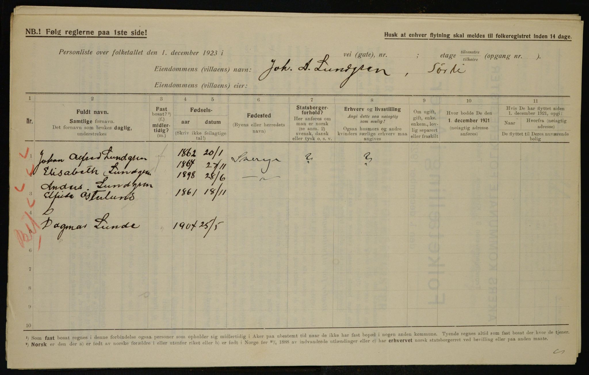 , Municipal Census 1923 for Aker, 1923, p. 43427