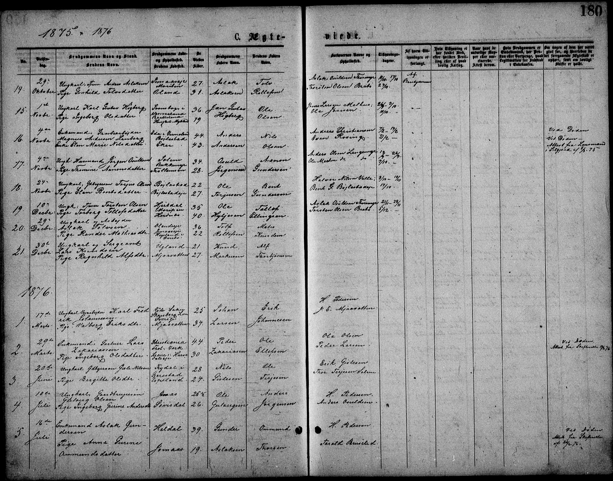 Froland sokneprestkontor, SAK/1111-0013/F/Fb/L0009: Parish register (copy) no. B 9, 1875-1893, p. 180