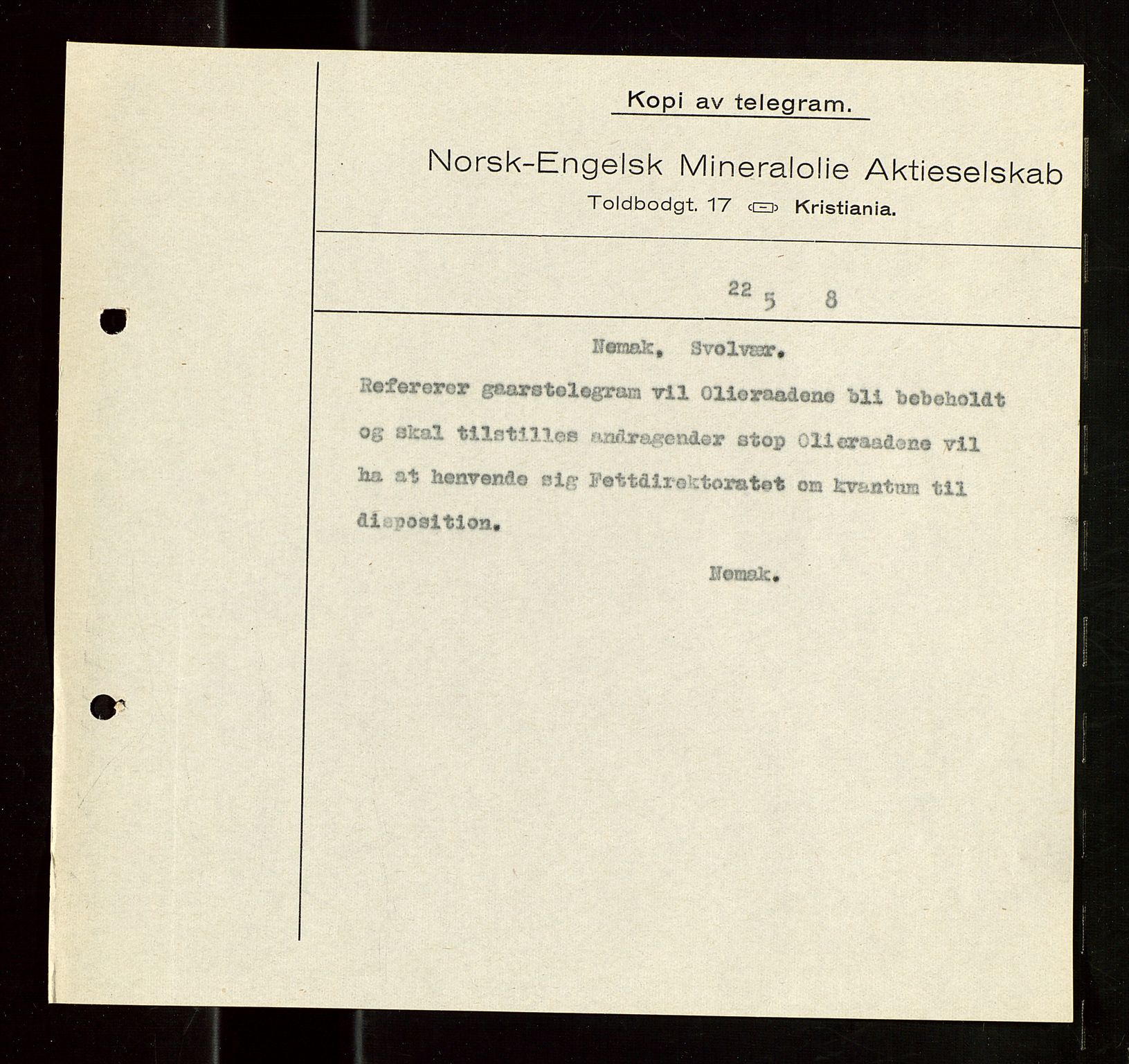 Pa 1521 - A/S Norske Shell, AV/SAST-A-101915/E/Ea/Eaa/L0022: Sjefskorrespondanse, 1918, p. 18