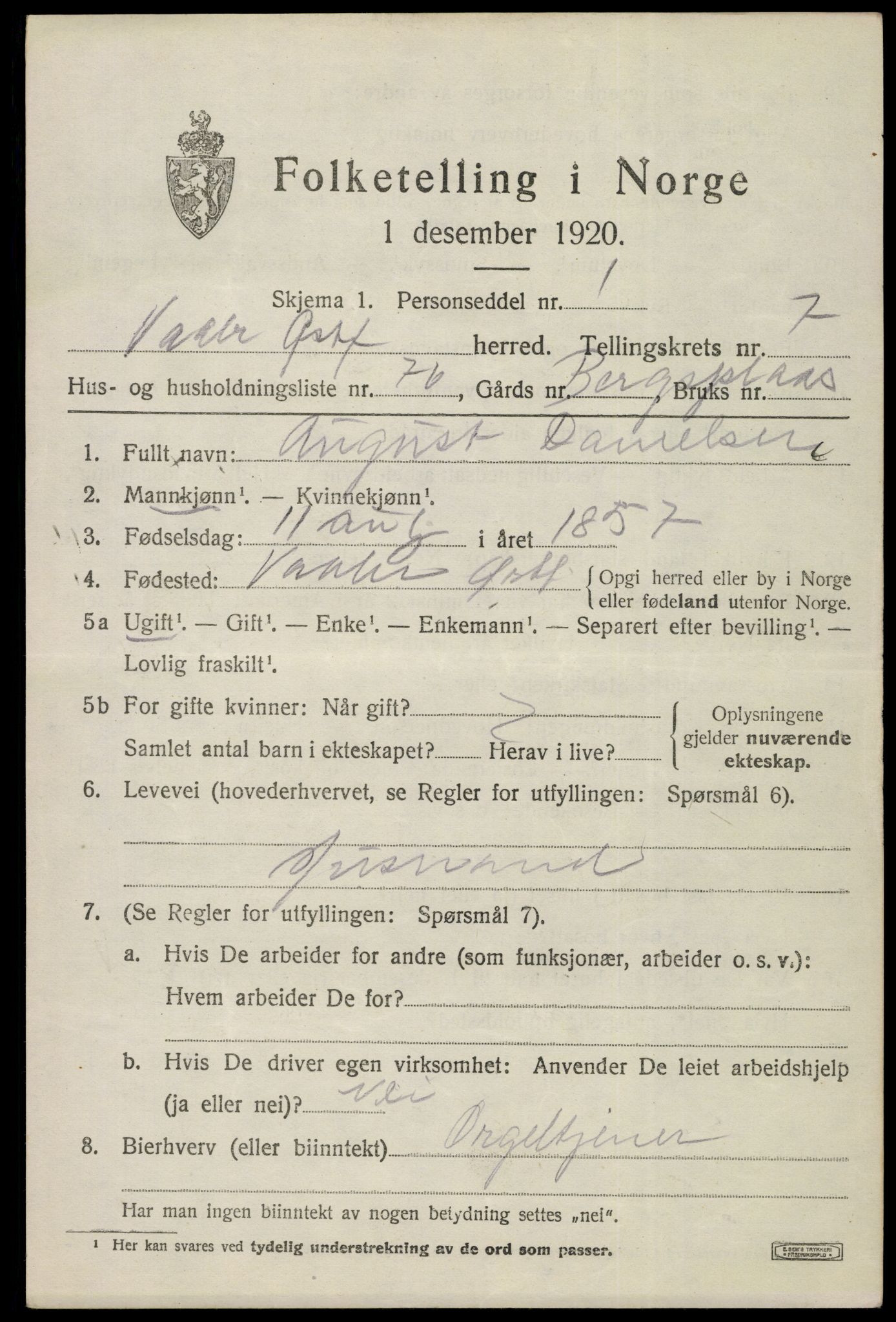 SAO, 1920 census for Våler, 1920, p. 4274