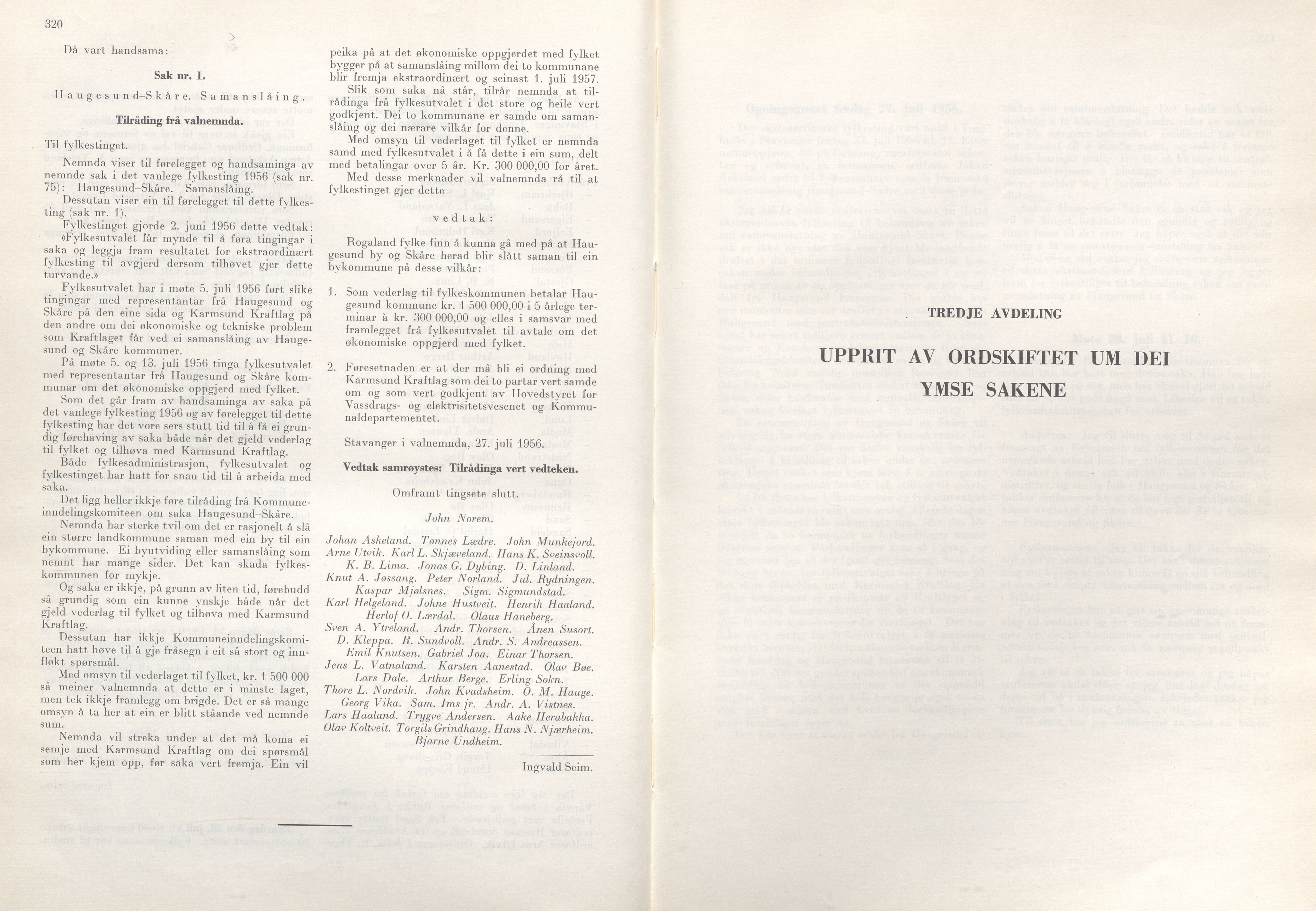 Rogaland fylkeskommune - Fylkesrådmannen , IKAR/A-900/A/Aa/Aaa/L0075: Møtebok , 1956, p. 320