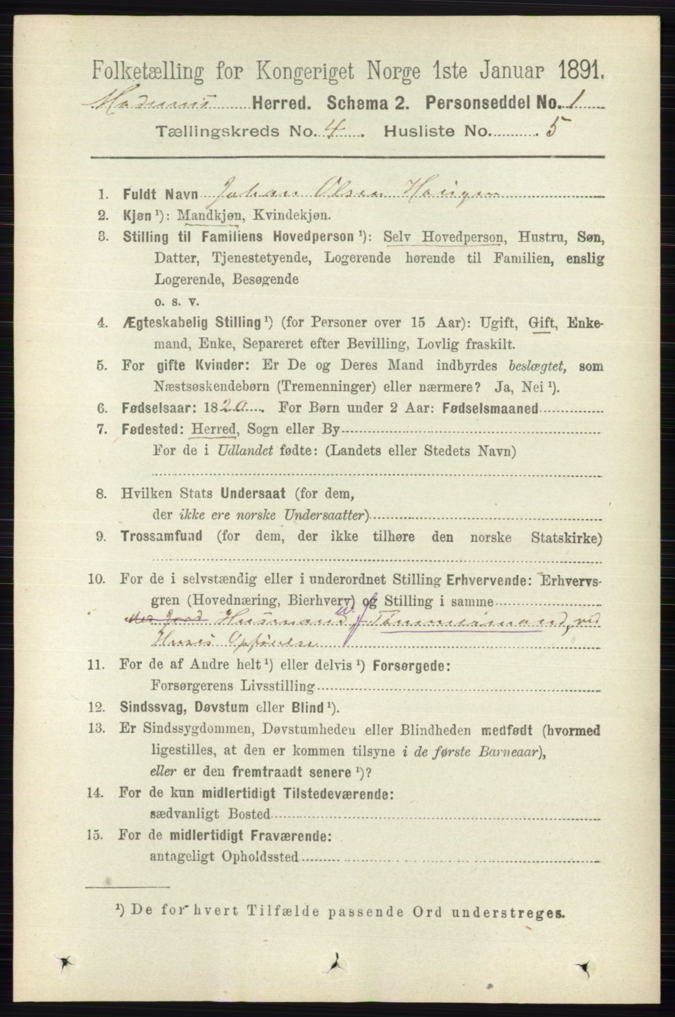 RA, 1891 census for 0623 Modum, 1891, p. 1015