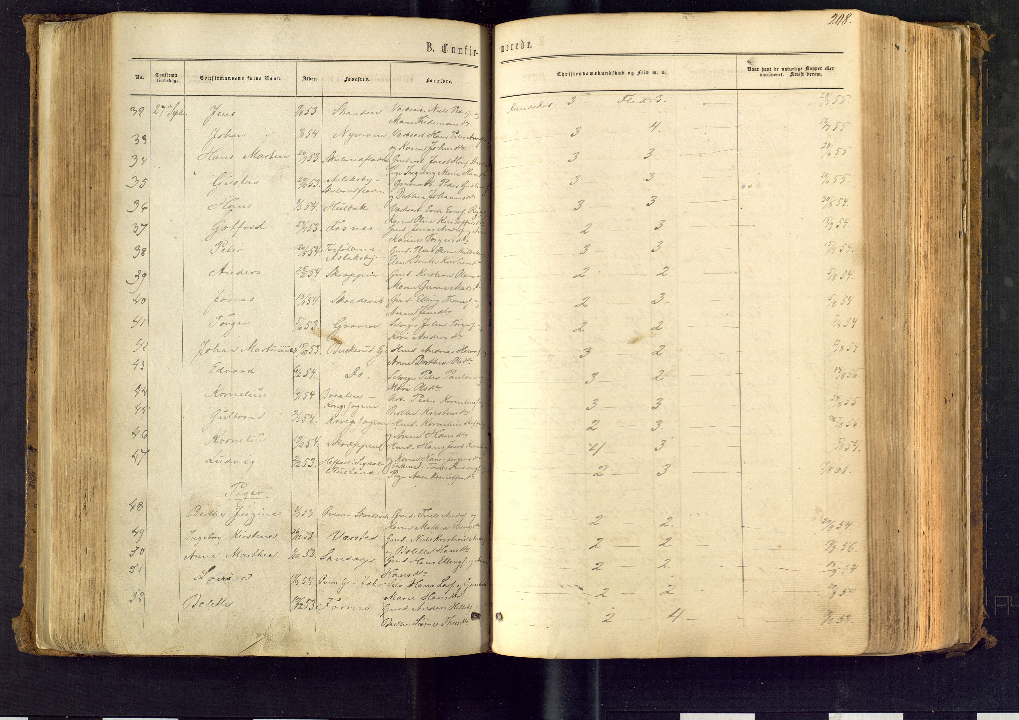 Modum kirkebøker, SAKO/A-234/F/Fa/L0010: Parish register (official) no. 10, 1865-1876, p. 208