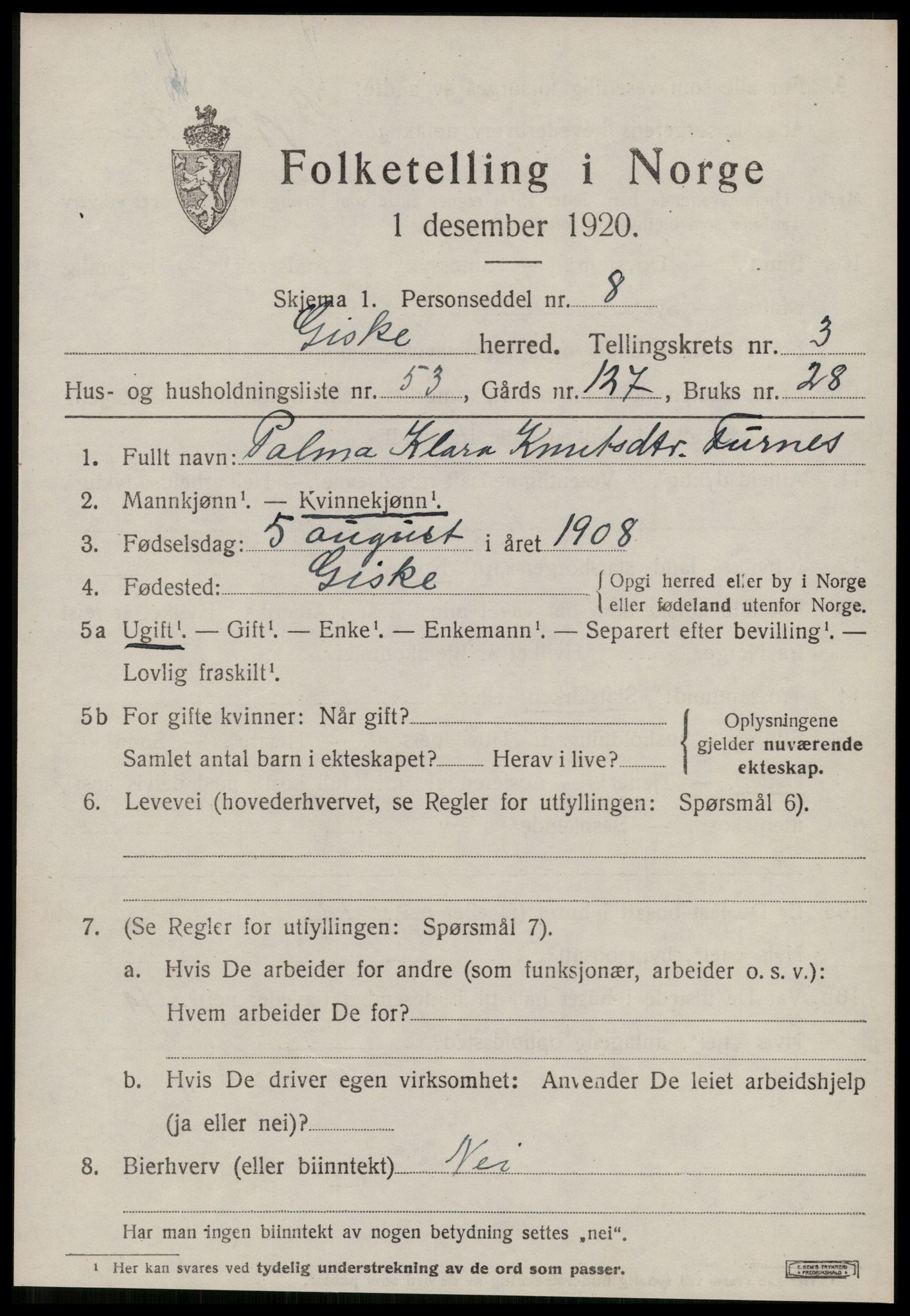 SAT, 1920 census for Giske, 1920, p. 2580