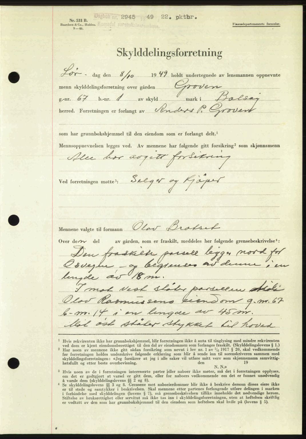 Romsdal sorenskriveri, AV/SAT-A-4149/1/2/2C: Mortgage book no. A31, 1949-1949, Diary no: : 2945/1949