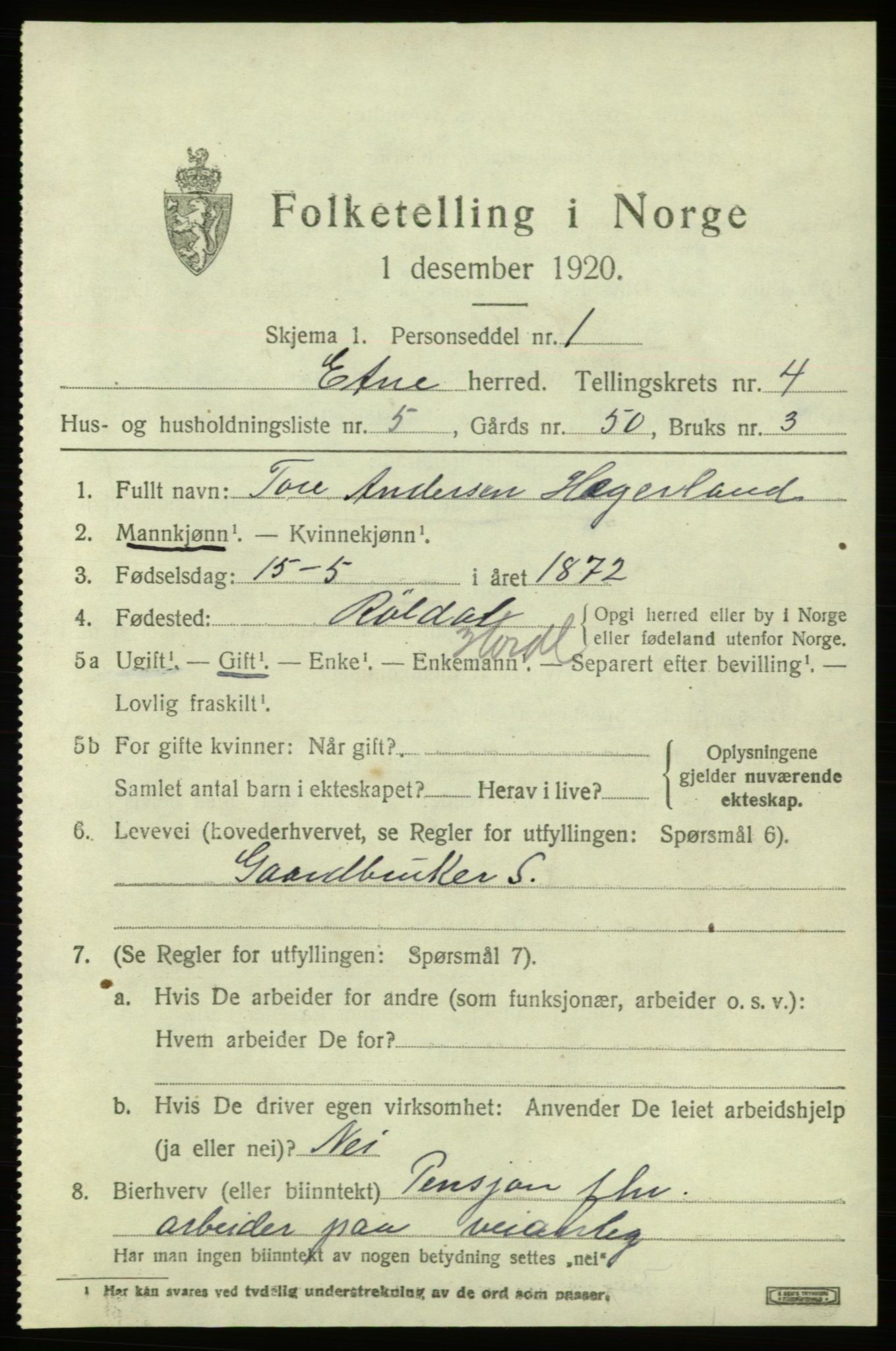 SAB, 1920 census for Etne, 1920, p. 2033