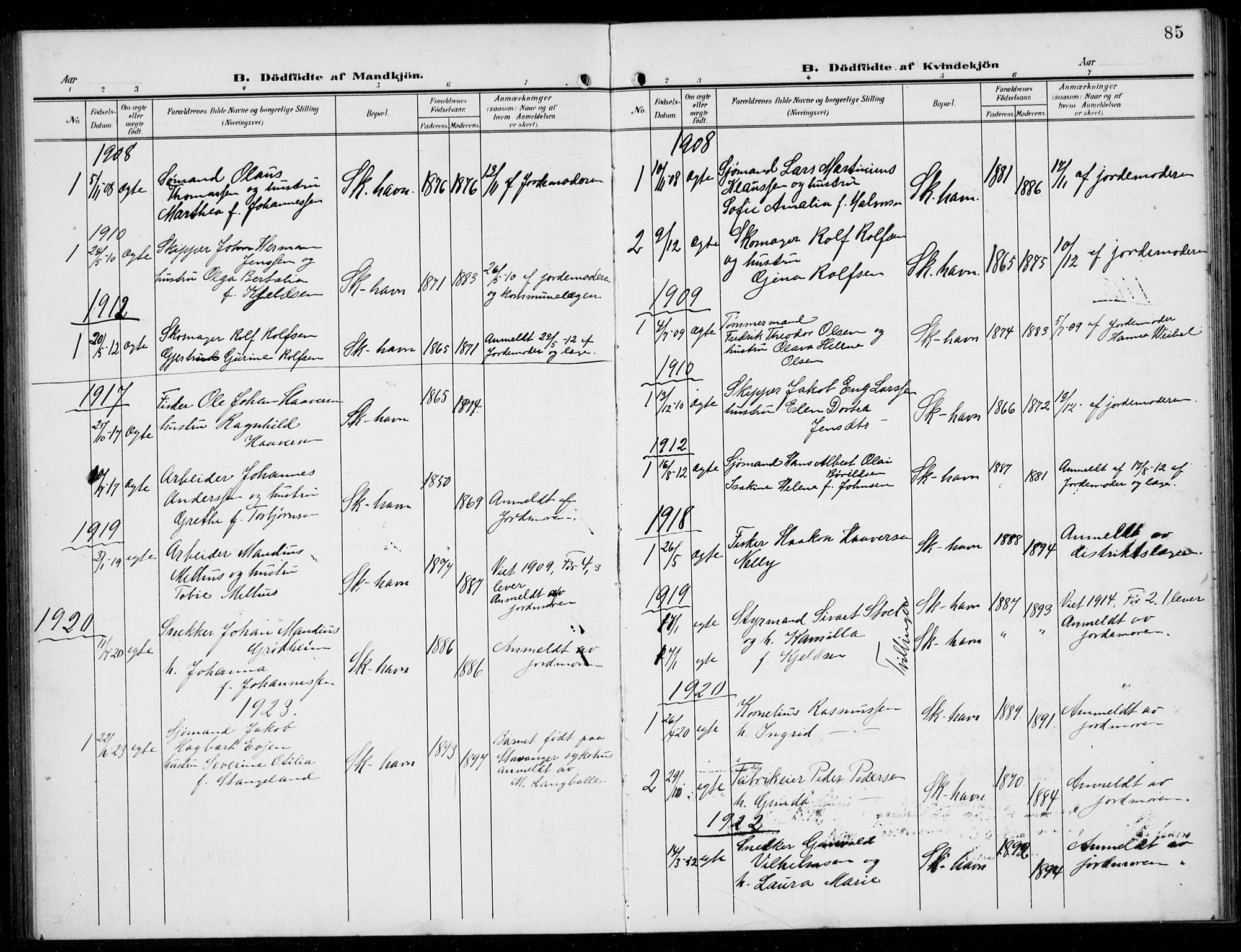 Skudenes sokneprestkontor, SAST/A -101849/H/Ha/Hab/L0010: Parish register (copy) no. B 10, 1908-1936, p. 85