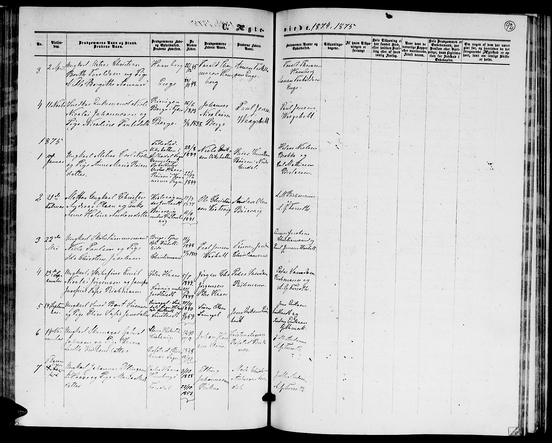 Hommedal sokneprestkontor, AV/SAK-1111-0023/F/Fb/Fba/L0003: Parish register (copy) no. B 3, 1863-1884, p. 92