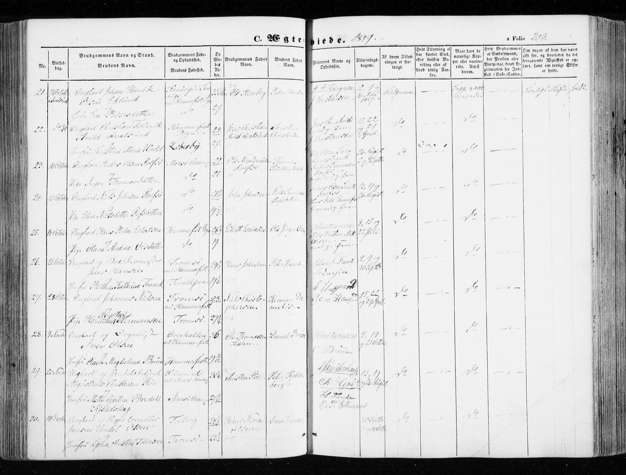 Hammerfest sokneprestkontor, AV/SATØ-S-1347/H/Ha/L0004.kirke: Parish register (official) no. 4, 1843-1856, p. 203