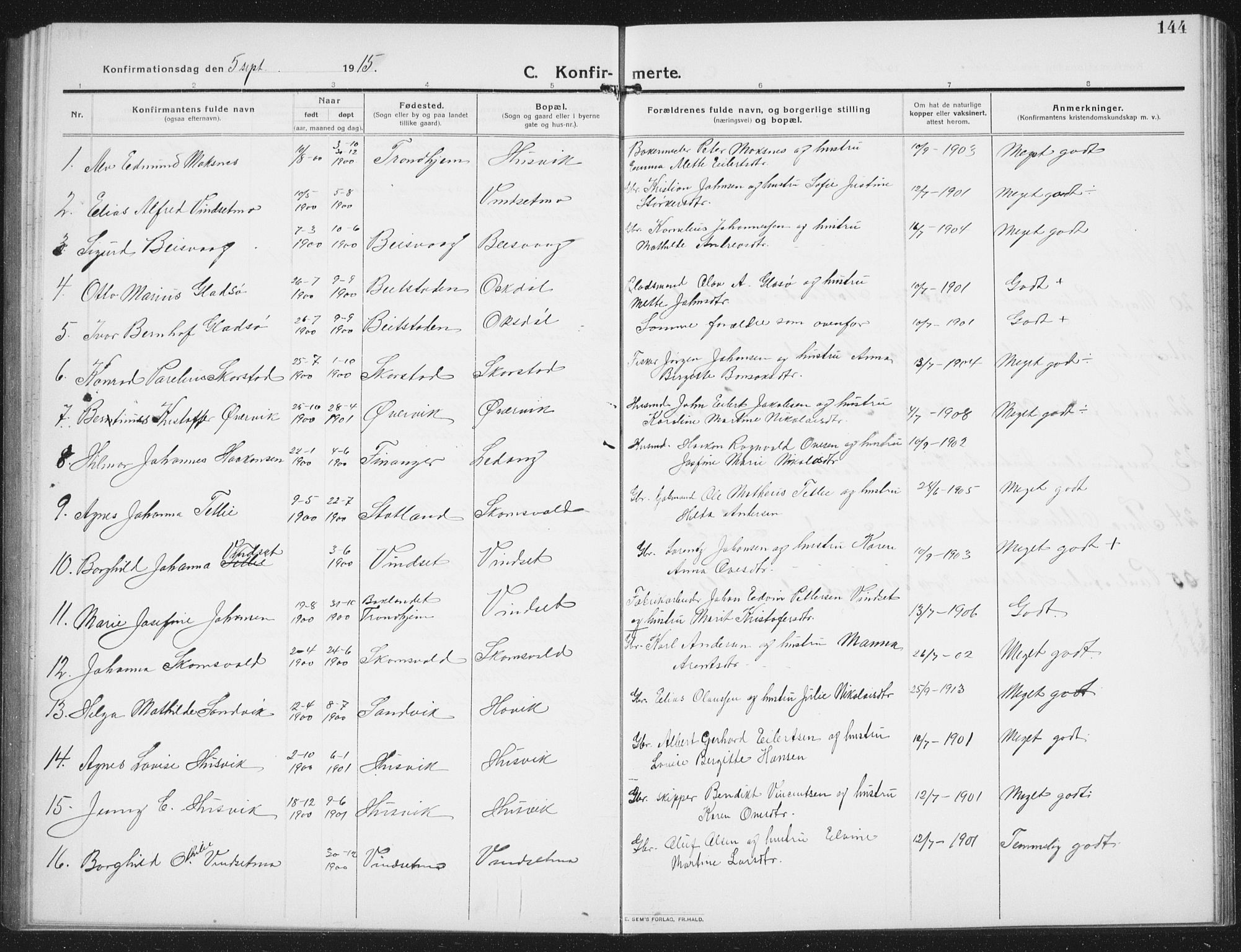 Ministerialprotokoller, klokkerbøker og fødselsregistre - Nord-Trøndelag, SAT/A-1458/774/L0630: Parish register (copy) no. 774C01, 1910-1934, p. 144