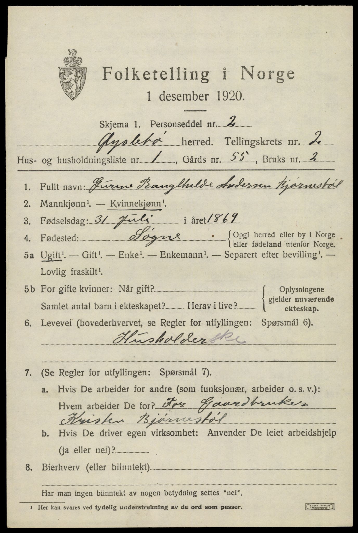 SAK, 1920 census for Øyslebø, 1920, p. 734