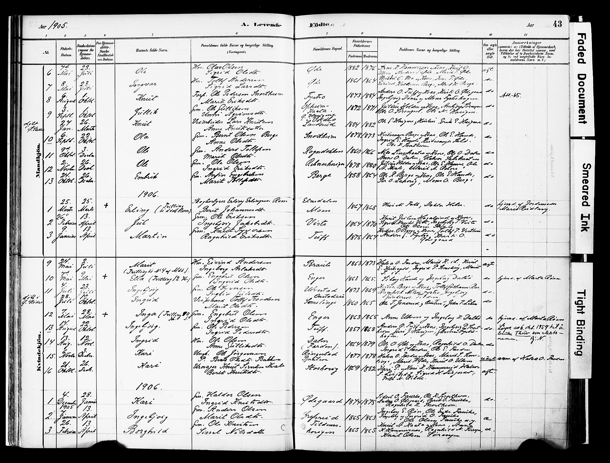 Vestre Slidre prestekontor, SAH/PREST-136/H/Ha/Haa/L0006: Parish register (official) no. 6, 1881-1912, p. 43