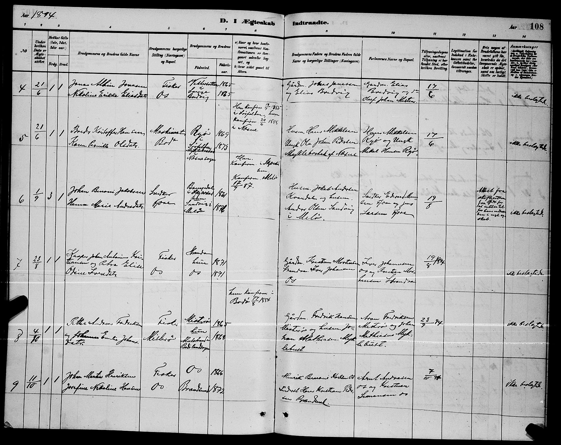 Ministerialprotokoller, klokkerbøker og fødselsregistre - Nordland, SAT/A-1459/803/L0076: Parish register (copy) no. 803C03, 1882-1897, p. 108