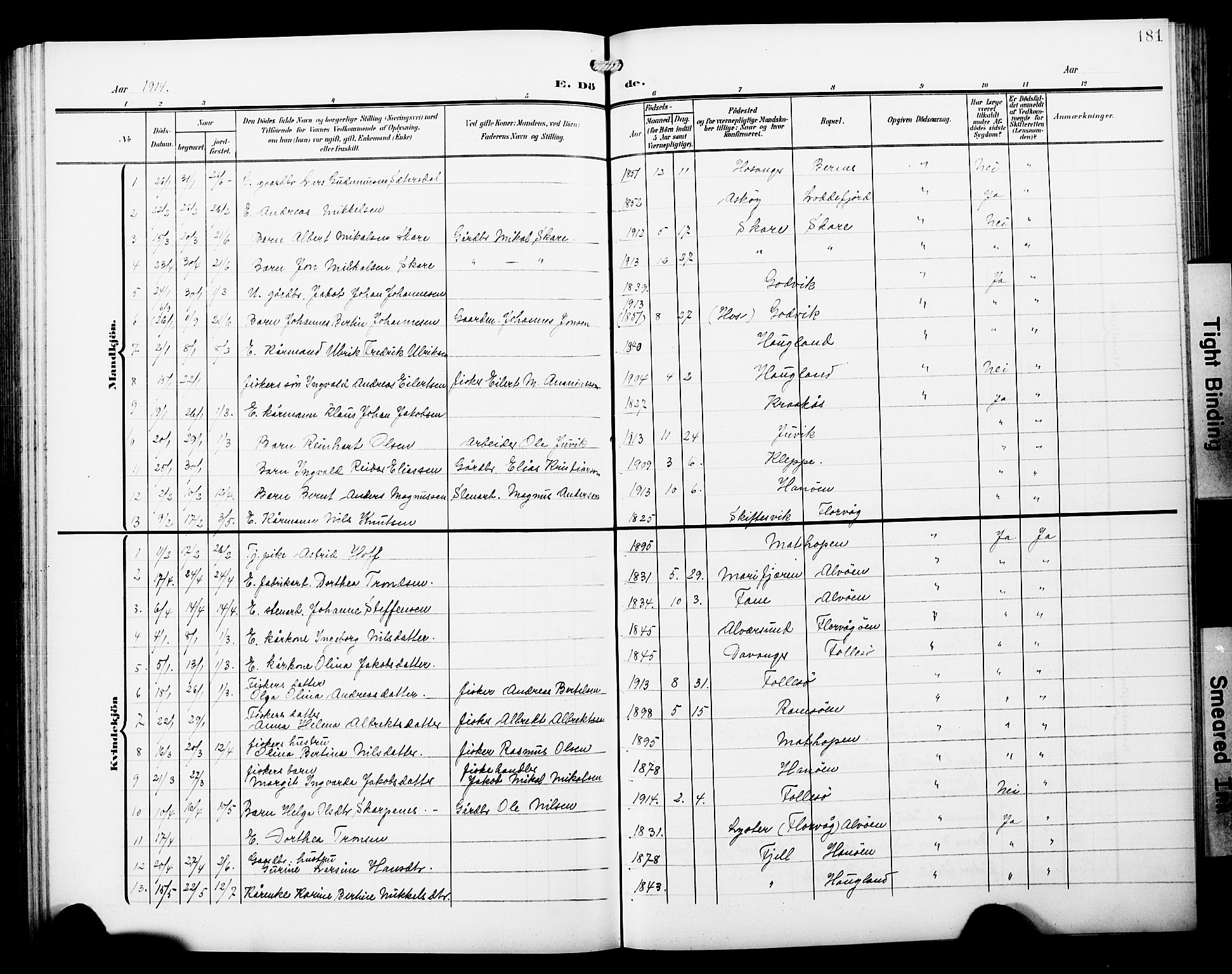 Askøy Sokneprestembete, SAB/A-74101/H/Ha/Hab/Haba/L0014: Parish register (copy) no. A 14, 1904-1927, p. 181