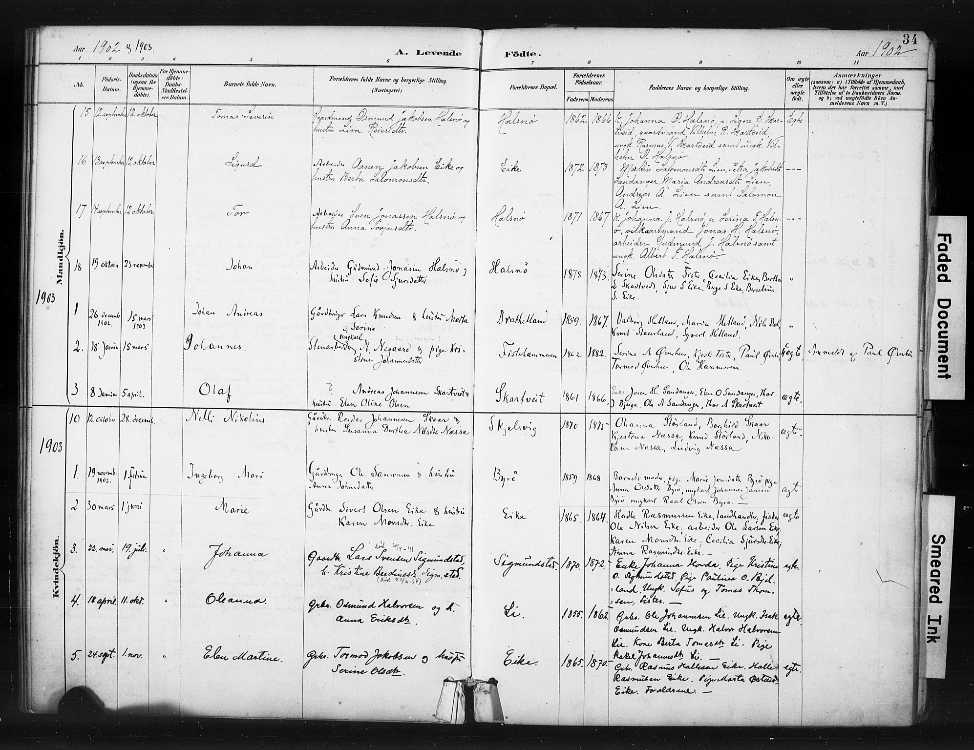 Hjelmeland sokneprestkontor, SAST/A-101843/01/IV/L0015: Parish register (official) no. A 15, 1887-1910, p. 34