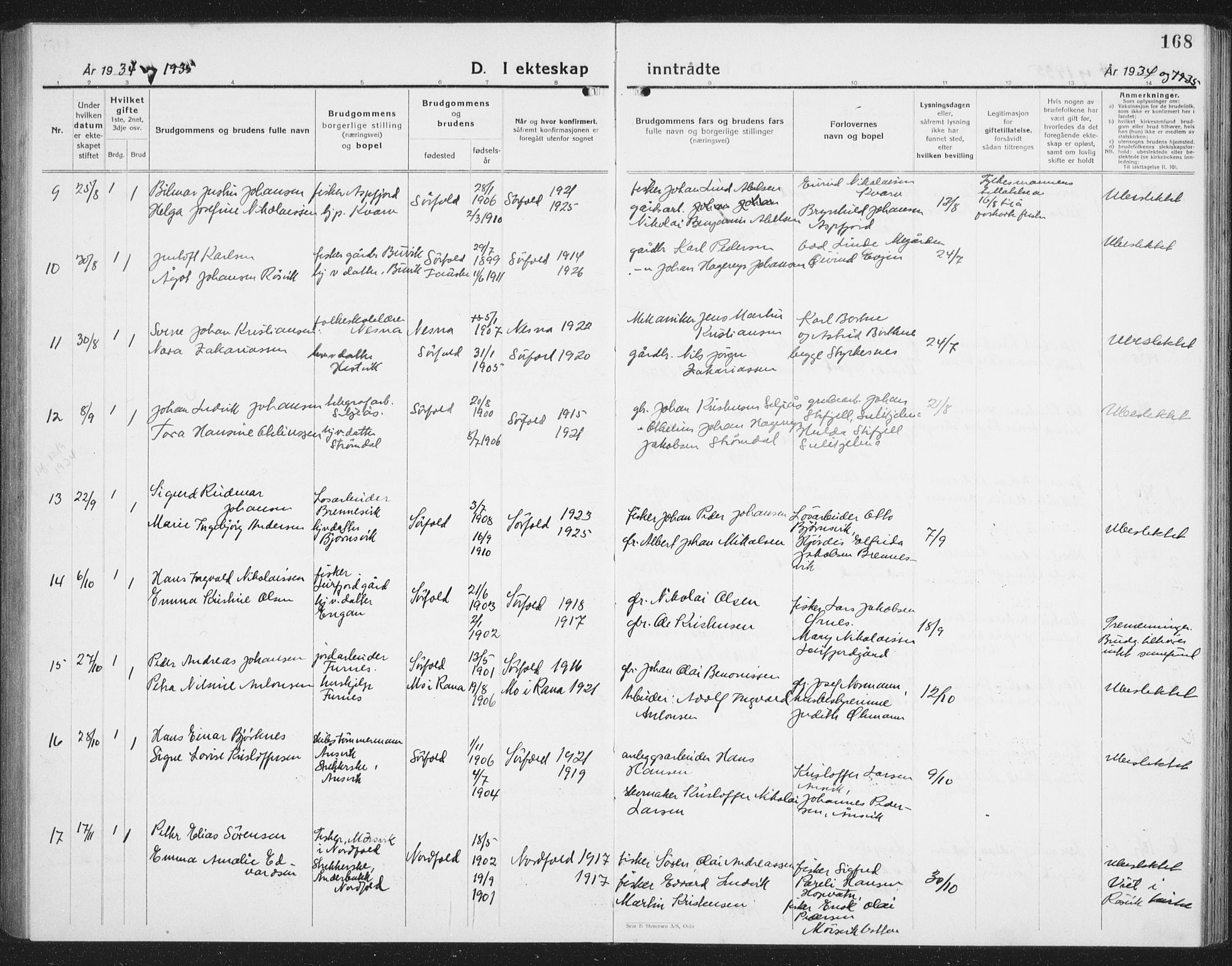 Ministerialprotokoller, klokkerbøker og fødselsregistre - Nordland, AV/SAT-A-1459/854/L0788: Parish register (copy) no. 854C04, 1926-1940, p. 168