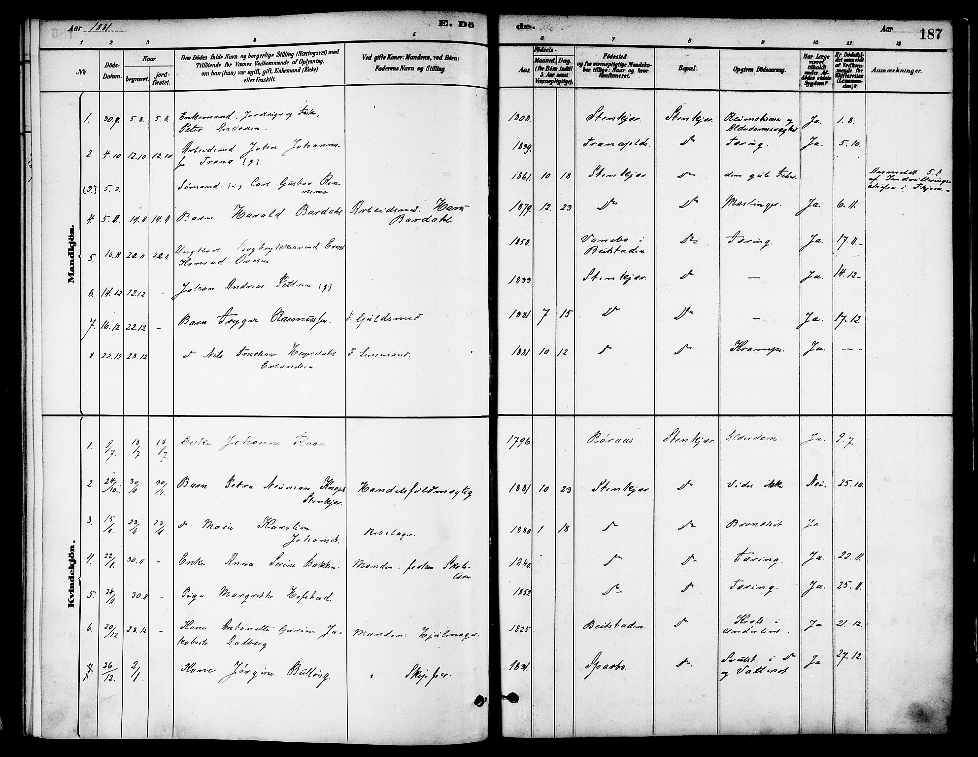 Ministerialprotokoller, klokkerbøker og fødselsregistre - Nord-Trøndelag, SAT/A-1458/739/L0371: Parish register (official) no. 739A03, 1881-1895, p. 187