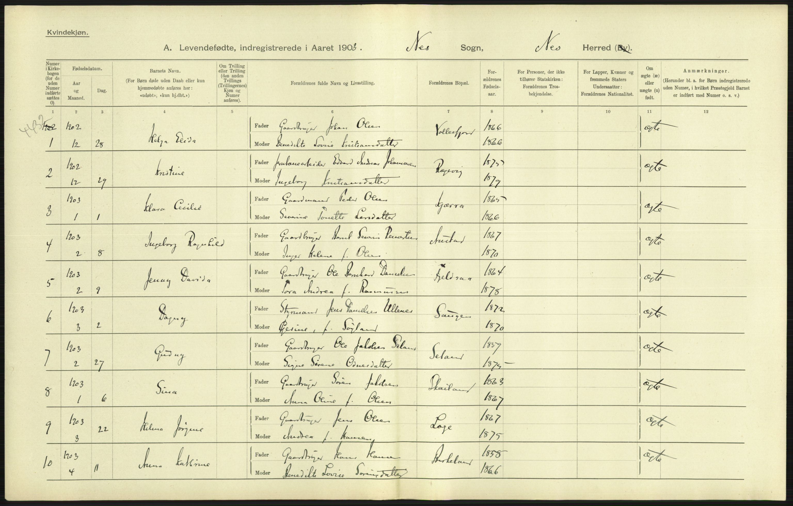 Statistisk sentralbyrå, Sosiodemografiske emner, Befolkning, AV/RA-S-2228/D/Df/Dfa/Dfaa/L0011: Lister og Mandal amt: Fødte, gifte, døde, 1903, p. 27