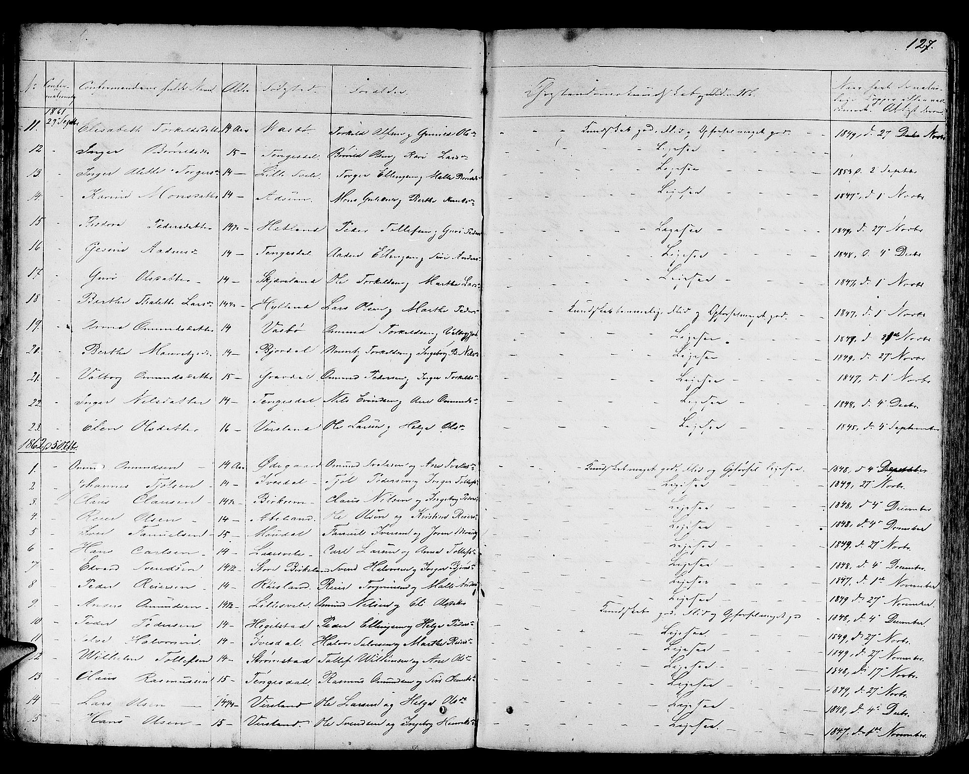 Helleland sokneprestkontor, AV/SAST-A-101810: Parish register (copy) no. B 3, 1847-1886, p. 127