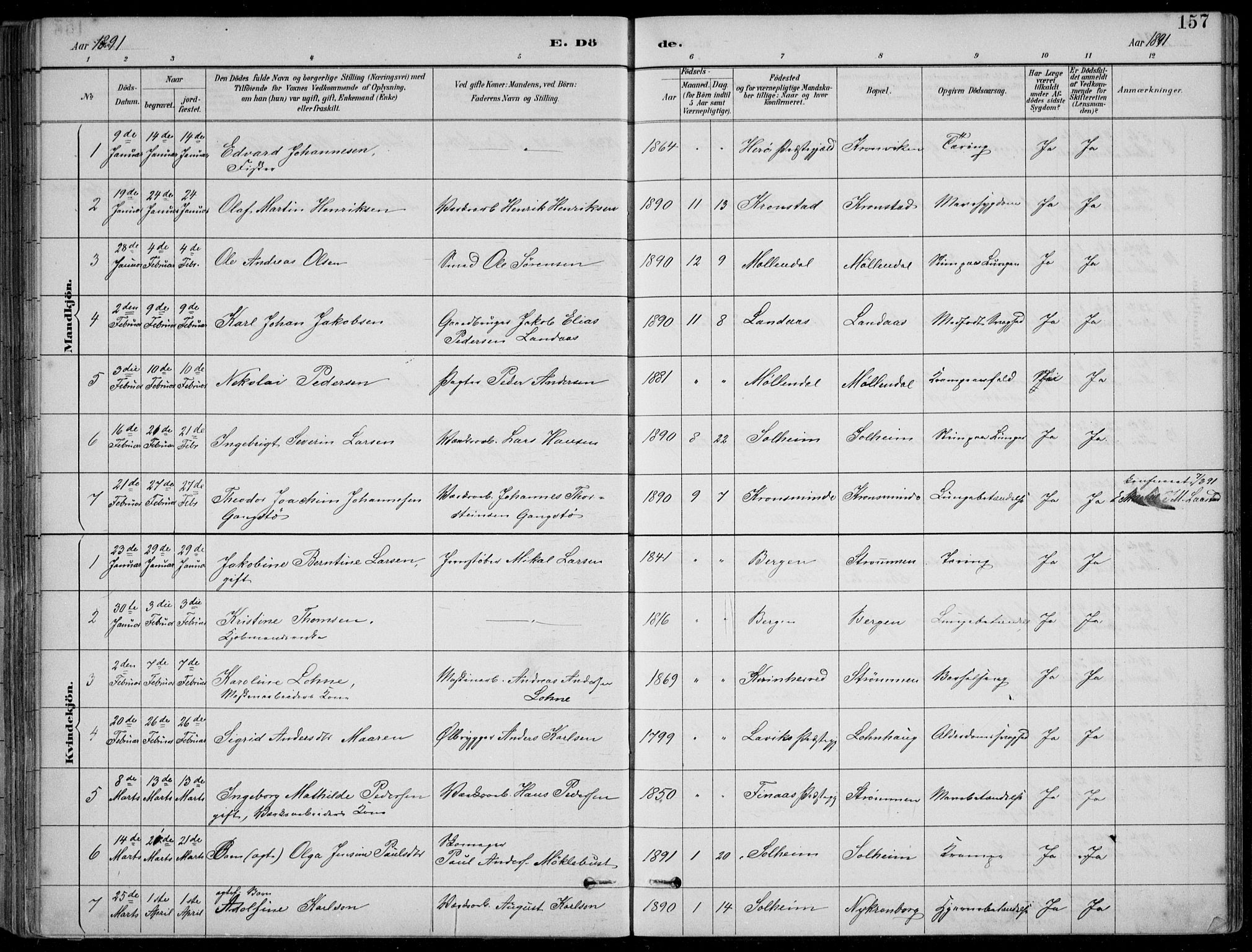 Årstad Sokneprestembete, SAB/A-79301/H/Hab/L0011: Parish register (copy) no. B 1, 1886-1901, p. 157