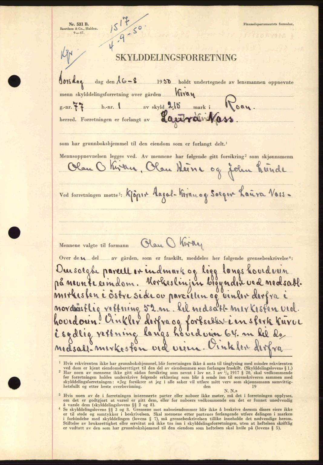 Fosen sorenskriveri, AV/SAT-A-1107/1/2/2C: Mortgage book no. A12, 1950-1950, Diary no: : 1517/1950