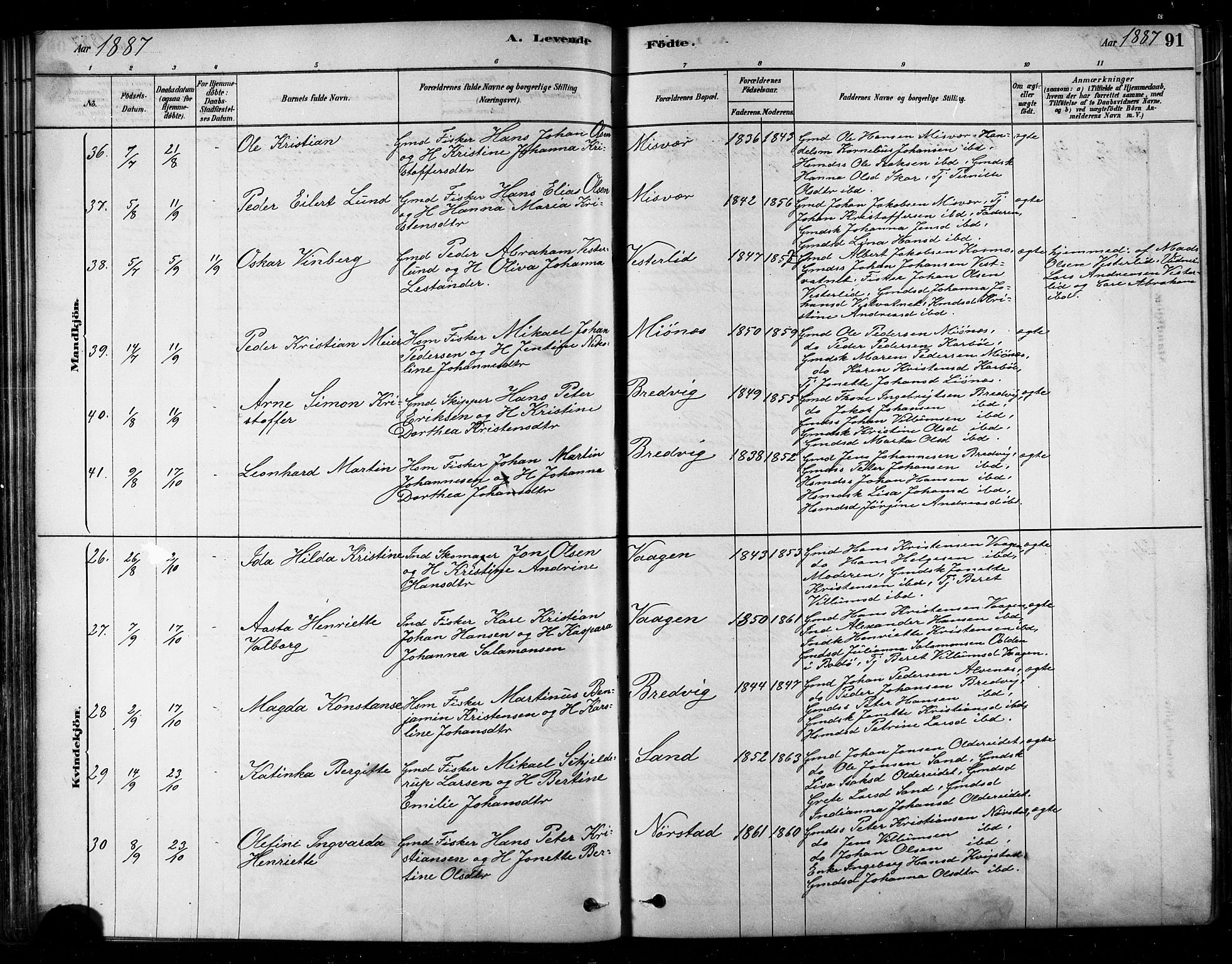 Ministerialprotokoller, klokkerbøker og fødselsregistre - Nordland, AV/SAT-A-1459/852/L0740: Parish register (official) no. 852A10, 1878-1894, p. 91