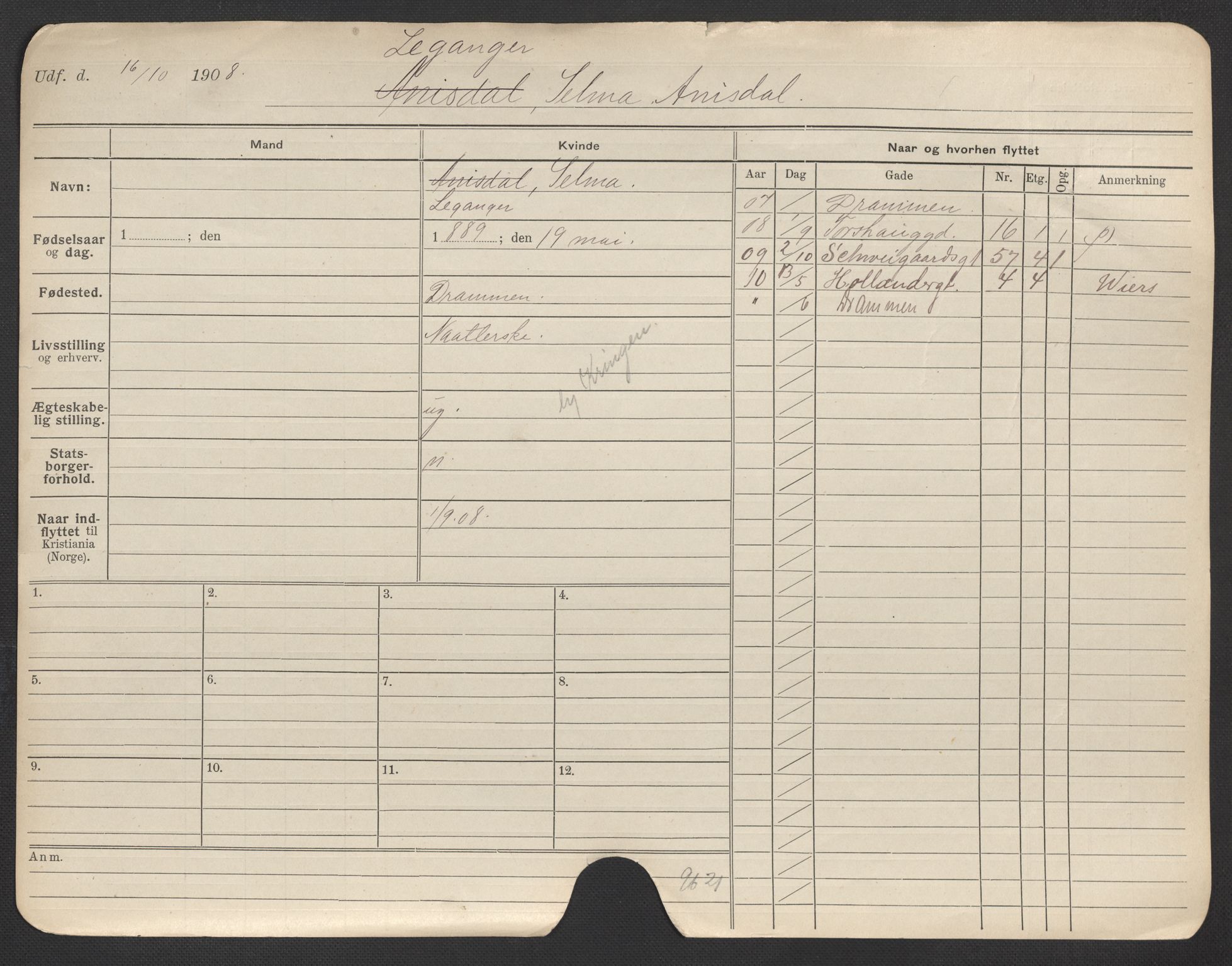 Oslo folkeregister, Registerkort, AV/SAO-A-11715/F/Fa/Fac/L0020: Kvinner, 1906-1914, p. 4a
