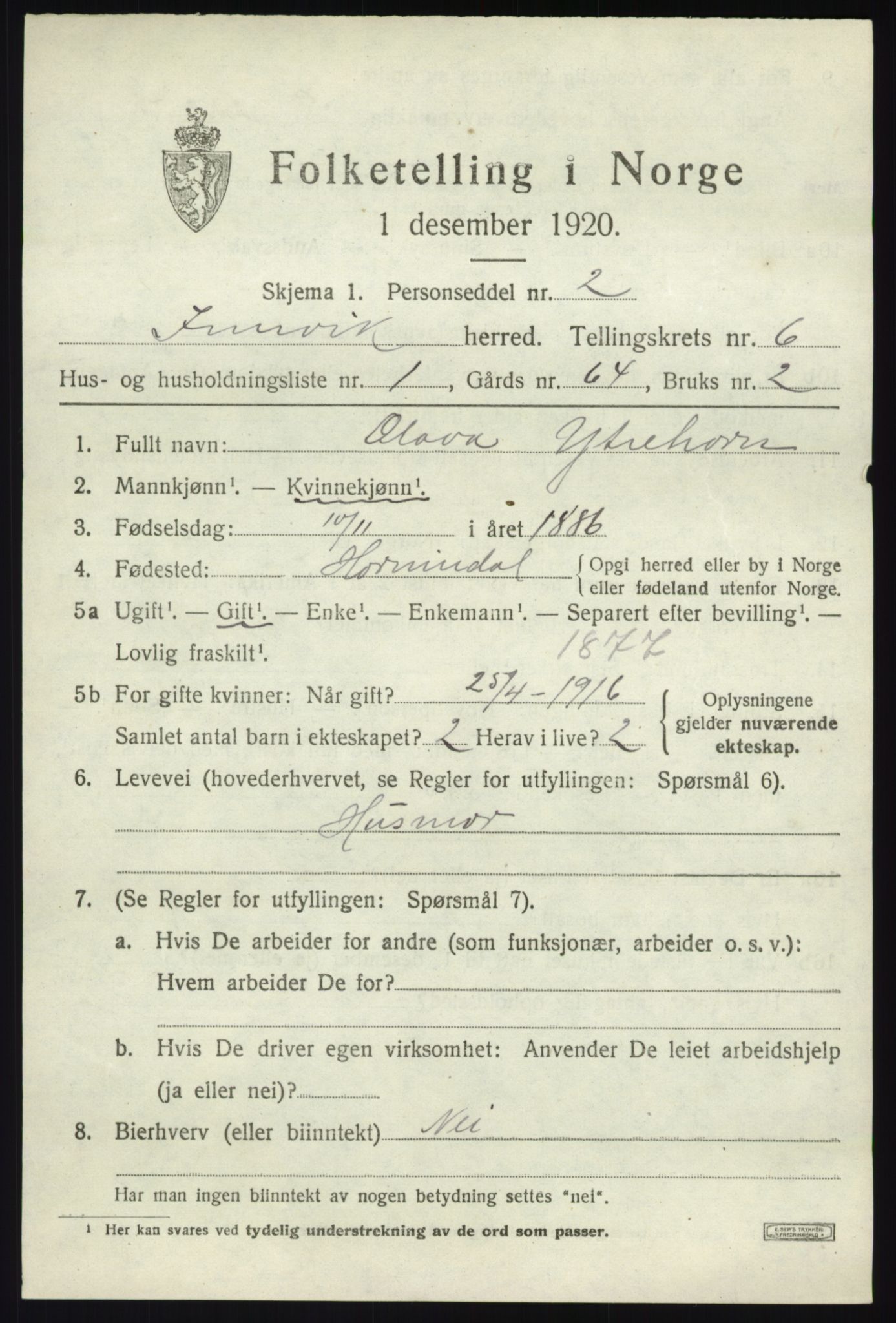 SAB, 1920 census for Innvik, 1920, p. 3013