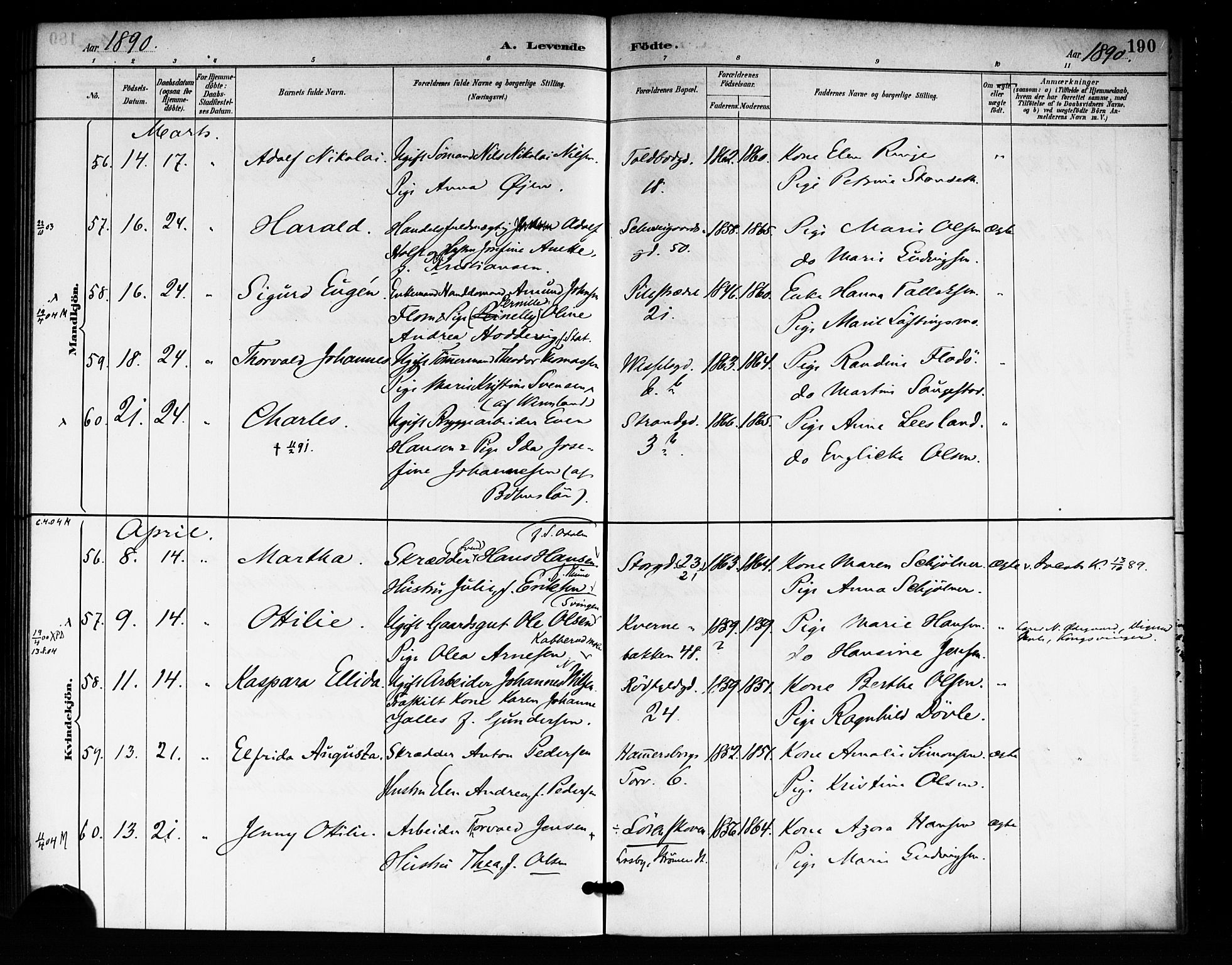 Rikshospitalet prestekontor Kirkebøker, AV/SAO-A-10309b/F/L0007: Parish register (official) no. 7, 1885-1890, p. 190