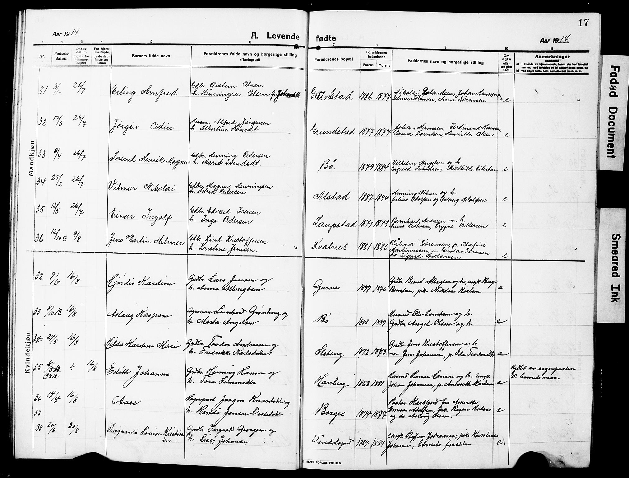 Ministerialprotokoller, klokkerbøker og fødselsregistre - Nordland, AV/SAT-A-1459/880/L1142: Parish register (copy) no. 880C04, 1913-1930, p. 17