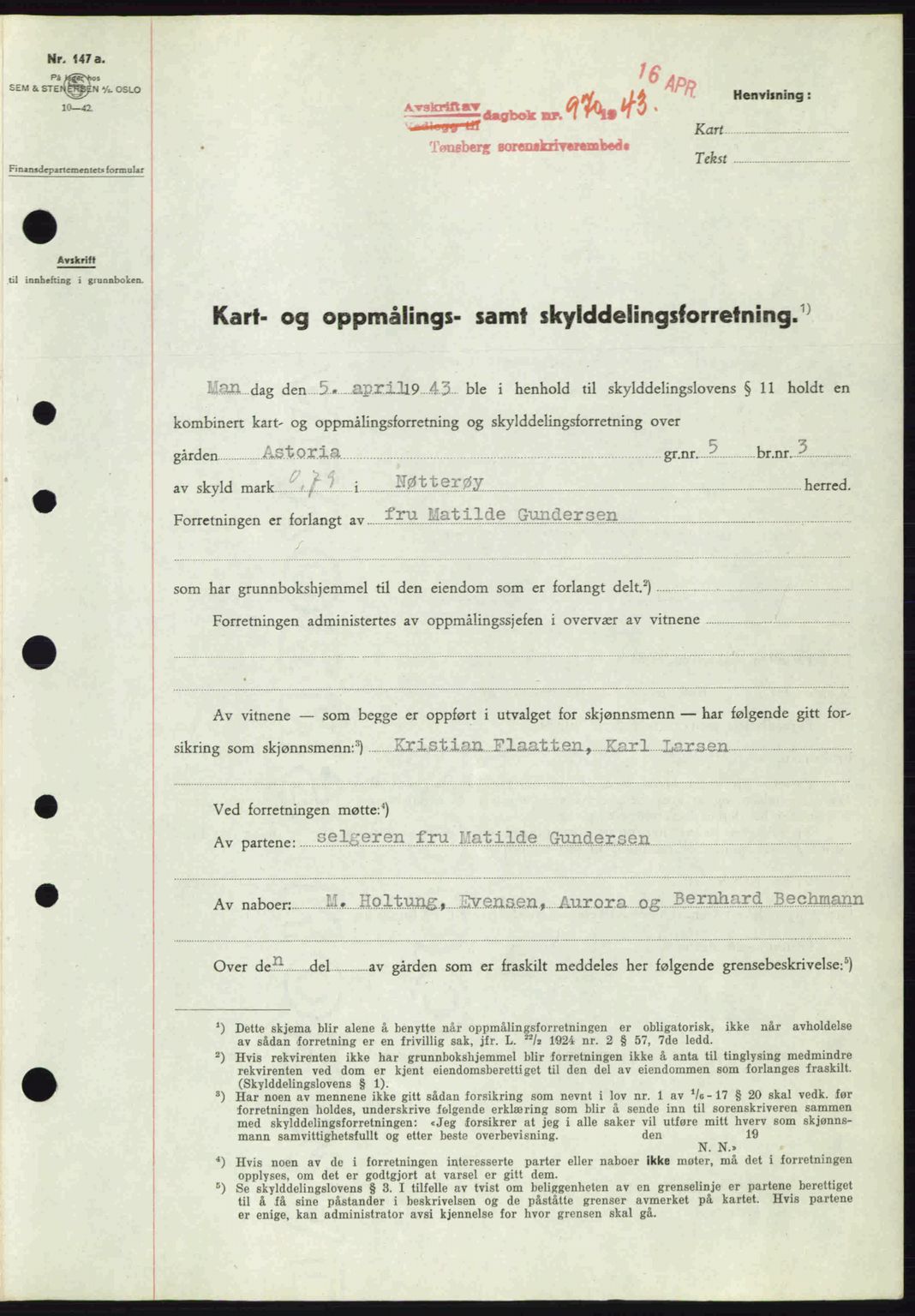 Tønsberg sorenskriveri, AV/SAKO-A-130/G/Ga/Gaa/L0013: Mortgage book no. A13, 1943-1943, Diary no: : 970/1943