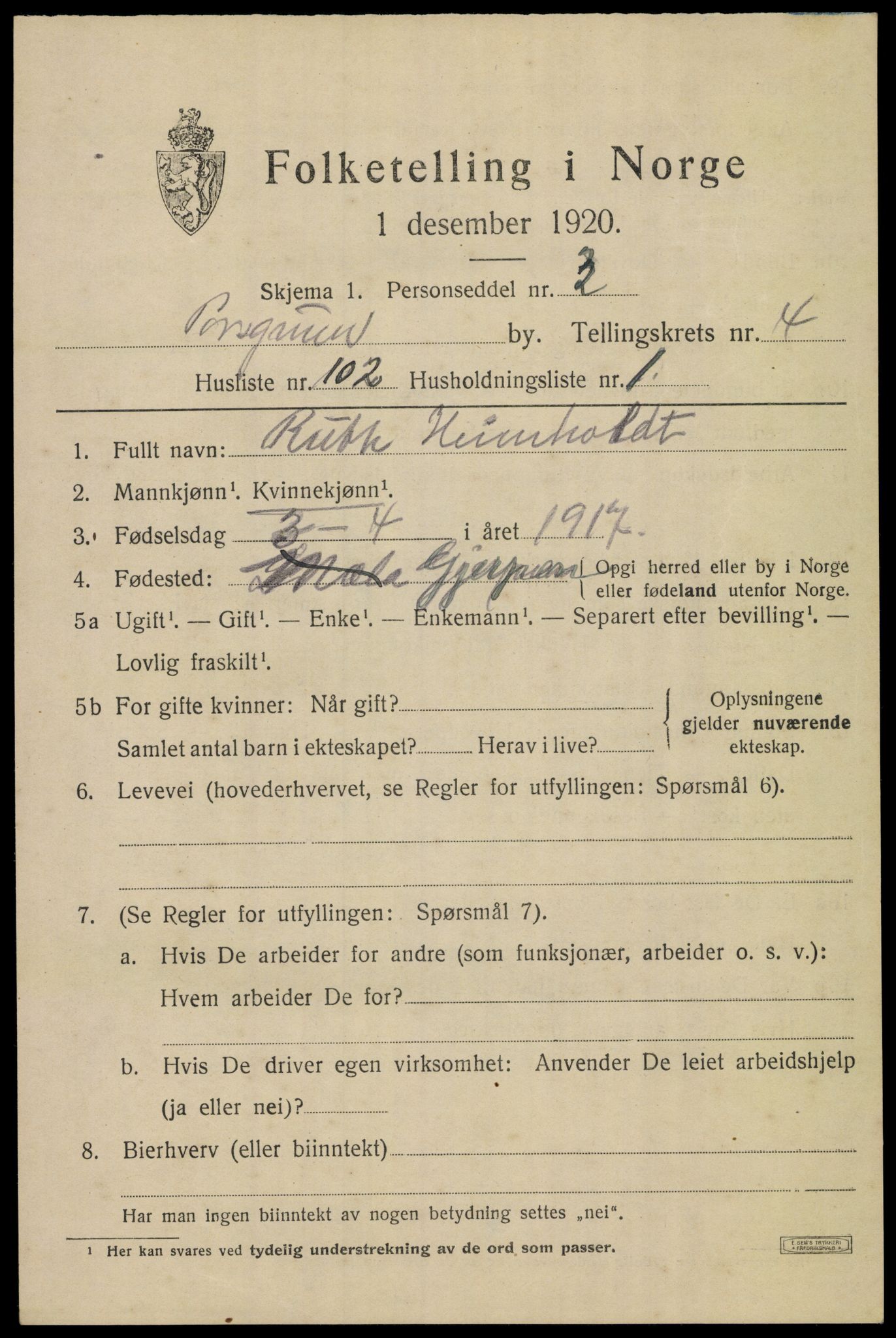 SAKO, 1920 census for Porsgrunn, 1920, p. 19881