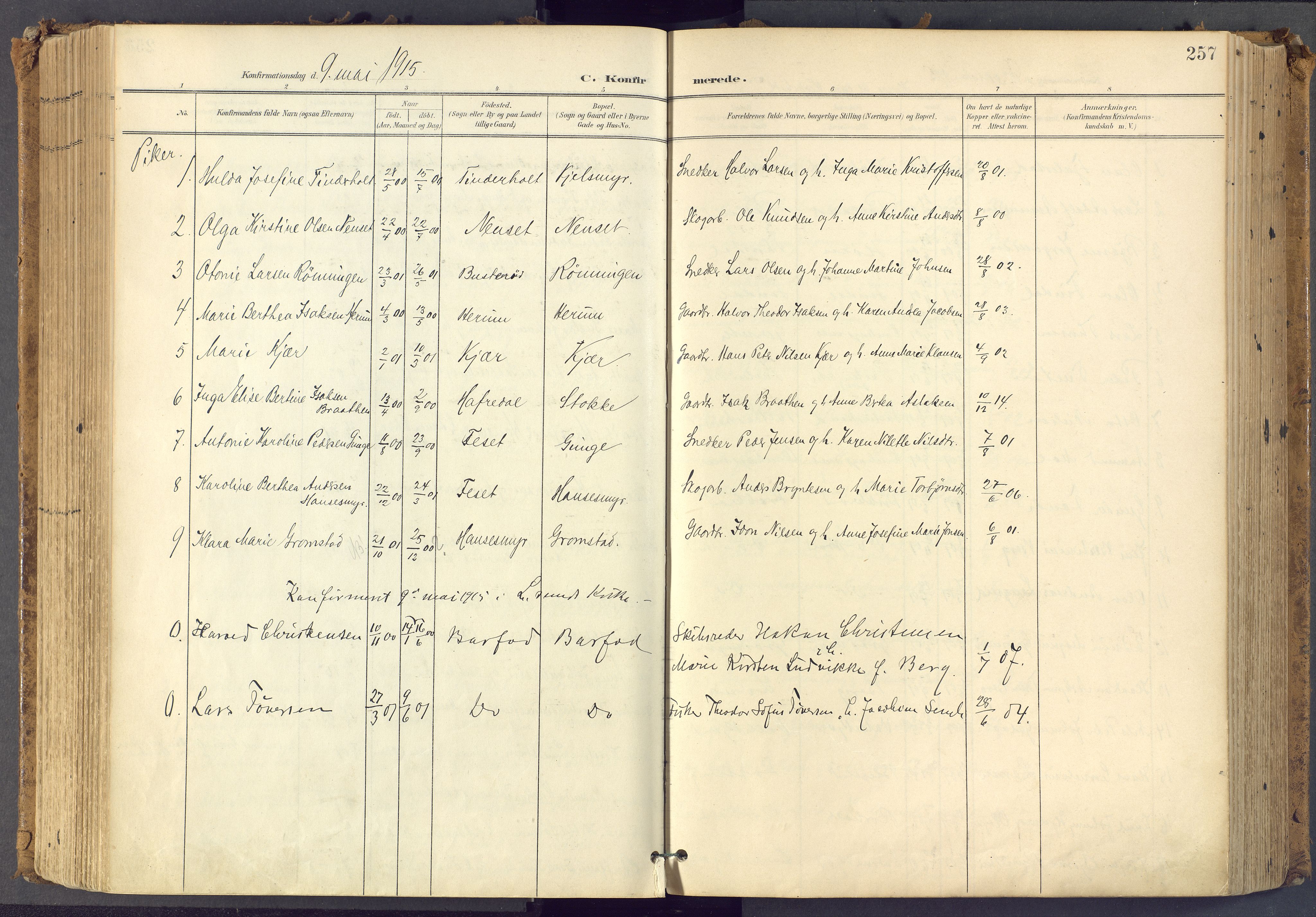 Bamble kirkebøker, SAKO/A-253/F/Fa/L0009: Parish register (official) no. I 9, 1901-1917, p. 257