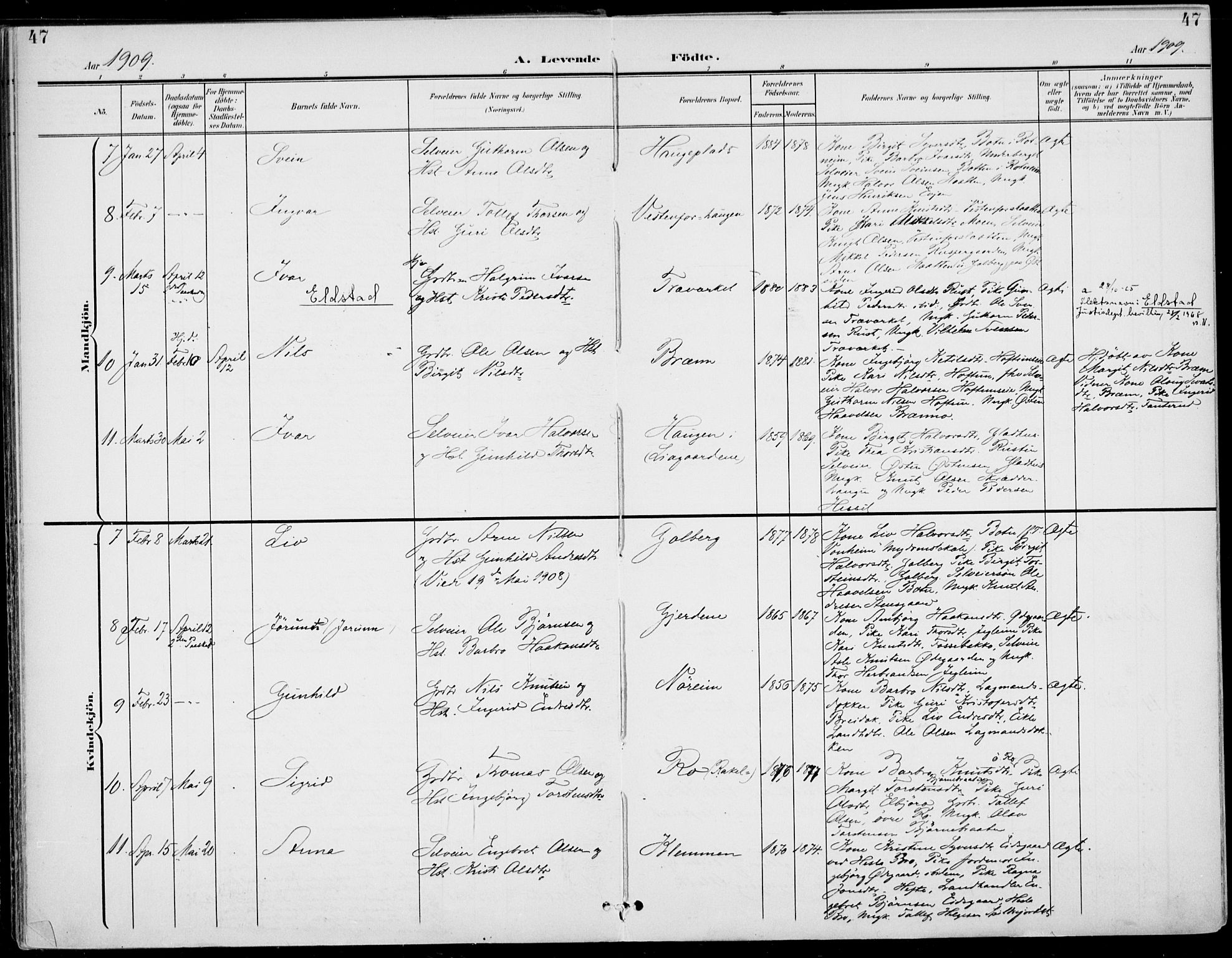 Gol kirkebøker, SAKO/A-226/F/Fa/L0006: Parish register (official) no. I 6, 1901-1918, p. 47