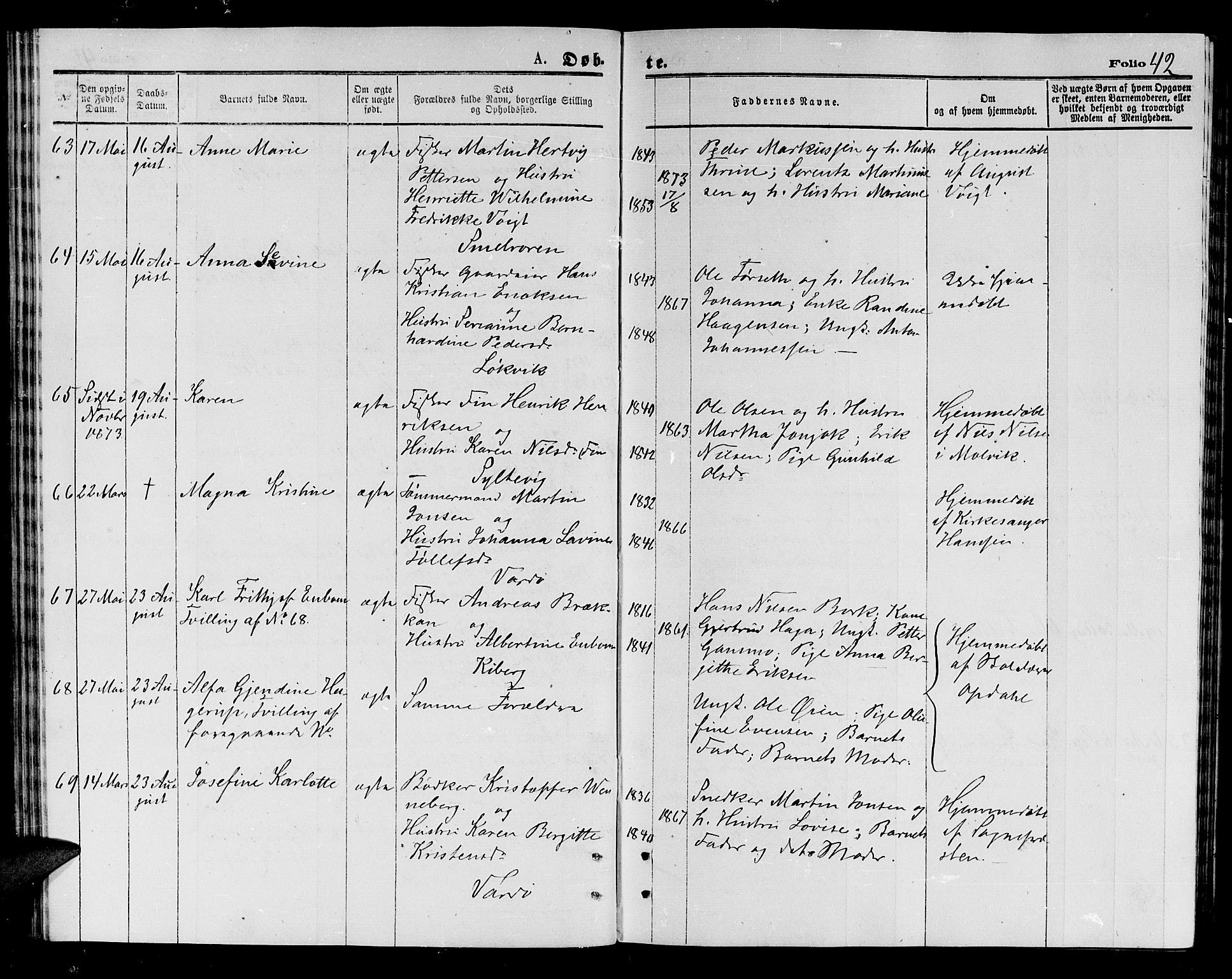 Vardø sokneprestkontor, AV/SATØ-S-1332/H/Hb/L0003klokker: Parish register (copy) no. 3, 1871-1878, p. 42