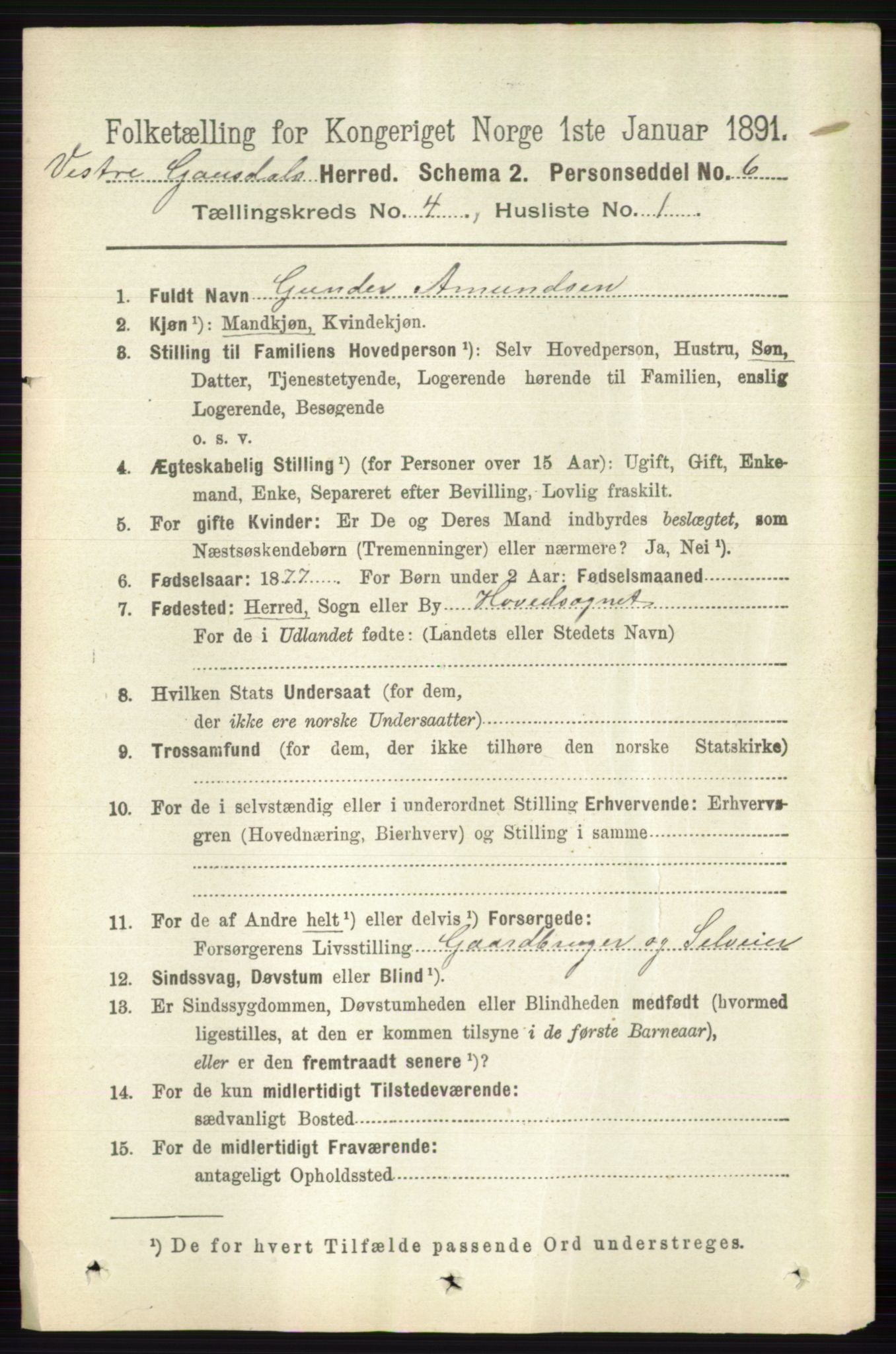 RA, 1891 census for 0523 Vestre Gausdal, 1891, p. 1716